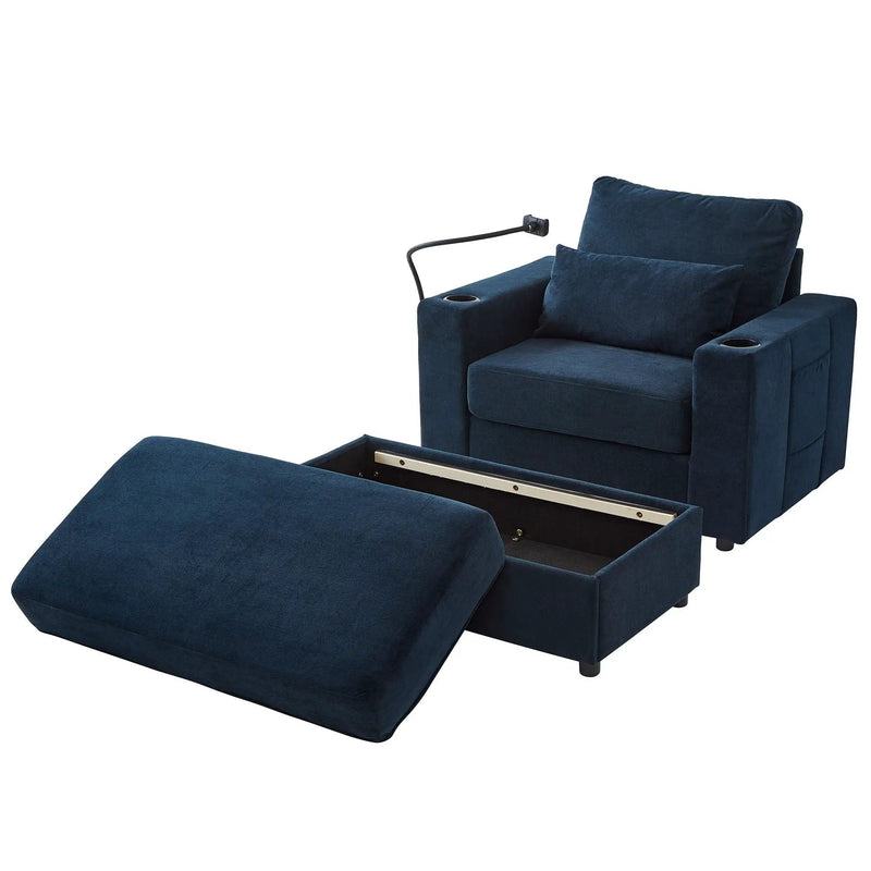Modern Style Armchair Chaise Lounge Sofa Couch With Movable Storage Ottoman, USB Ports, Cup Holders, Phone Holder, Side Pockets by HouseOfZazla