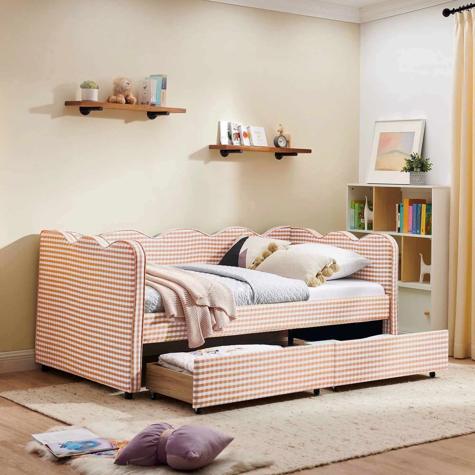 Gingham Daybed With USB Charging Port, Wave-Shaped Design by HouseOfZazla