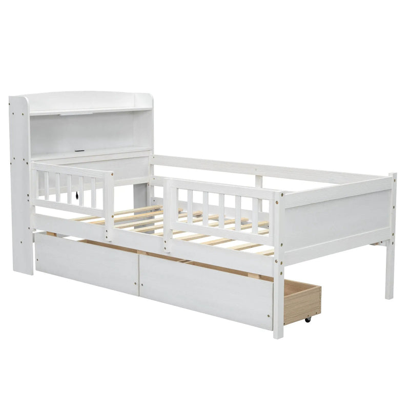 Platform Bed With LED Light, Multi Functional Headboard, Guardrail And 2 Drawers by HouseOfZazla