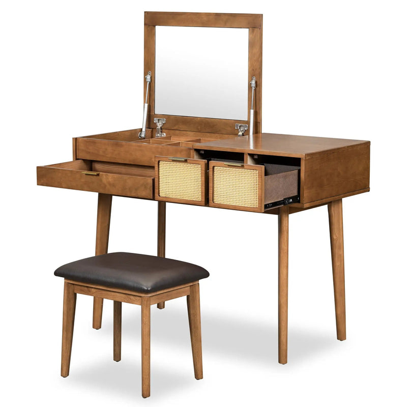Classic Wood Makeup Vanity Set With Flip-Top Mirror And Stool, Dressing Table With Three Drawers And Storage Space by HouseOfZazla