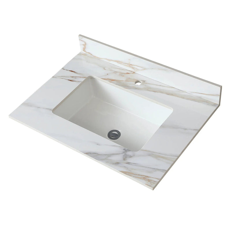 Elegant Vanity Top With Undermount Sink And Backsplash, Sintered Stone by HouseOfZazla