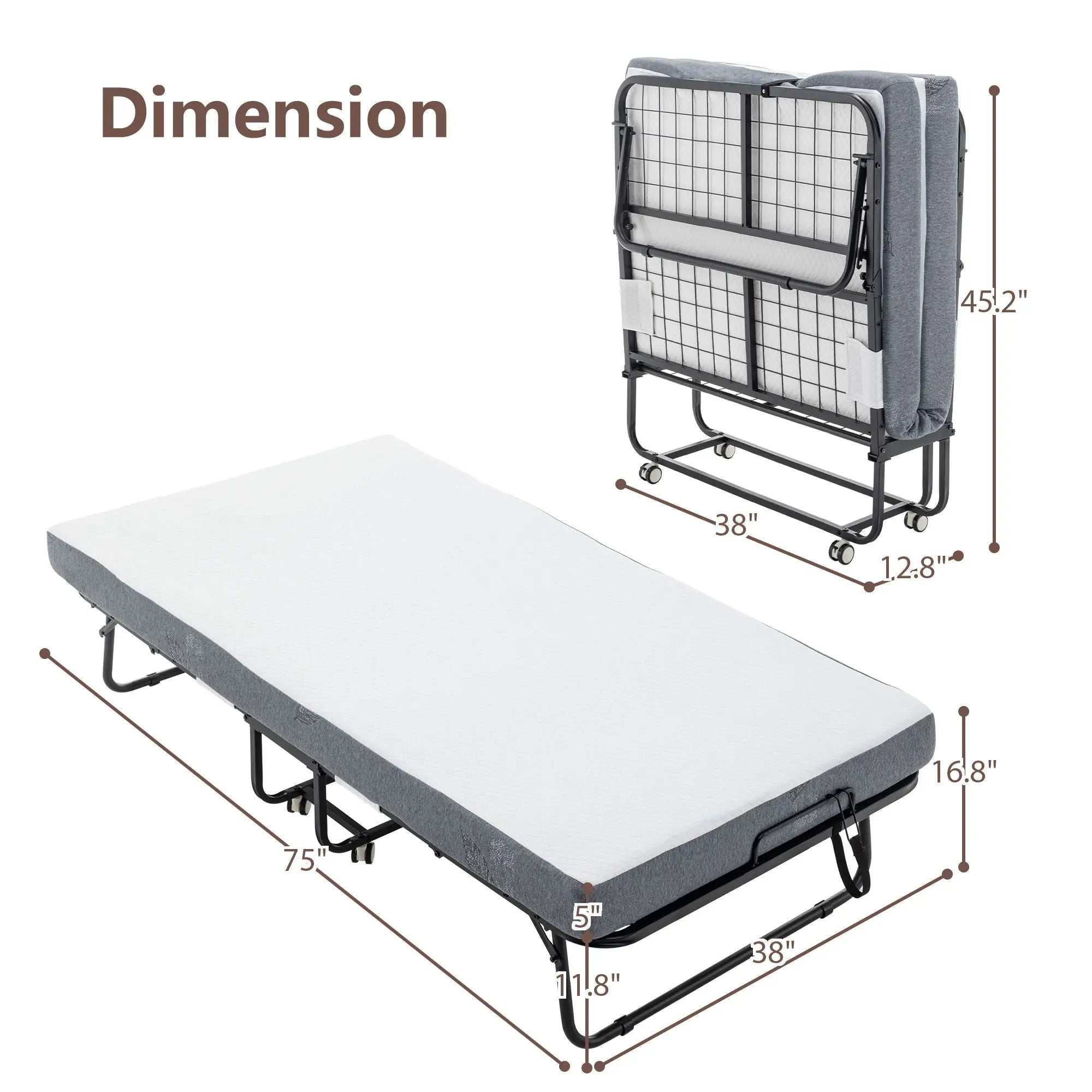 Foldable Metal Frame Bed For Guest With Memory Foam Mattress On Wheels, Saving Space Rollaway Bed by HouseOfZazla