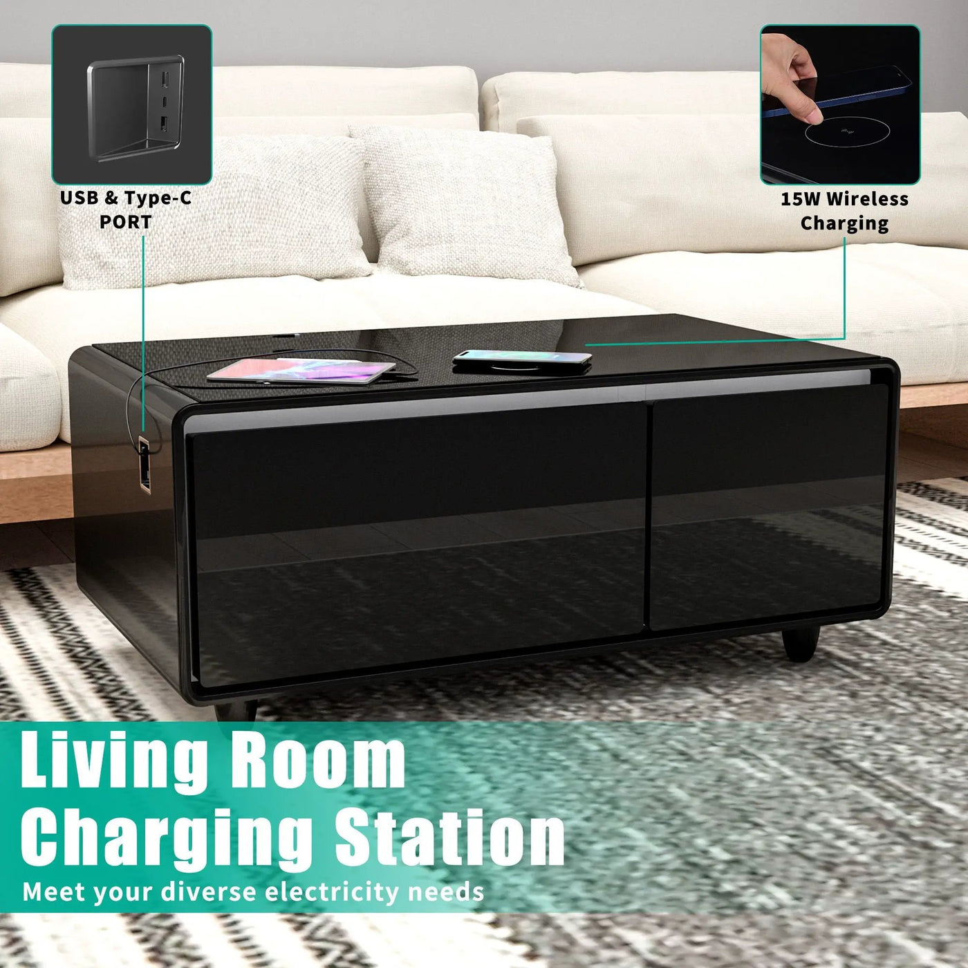 Modern Smart Coffee Table With Built-In Fridge - tooth Speaker, Wireless Charging, Touch Control Panel, USB Interface, Outlet Protection, Atmosphere Light by HouseOfZazla