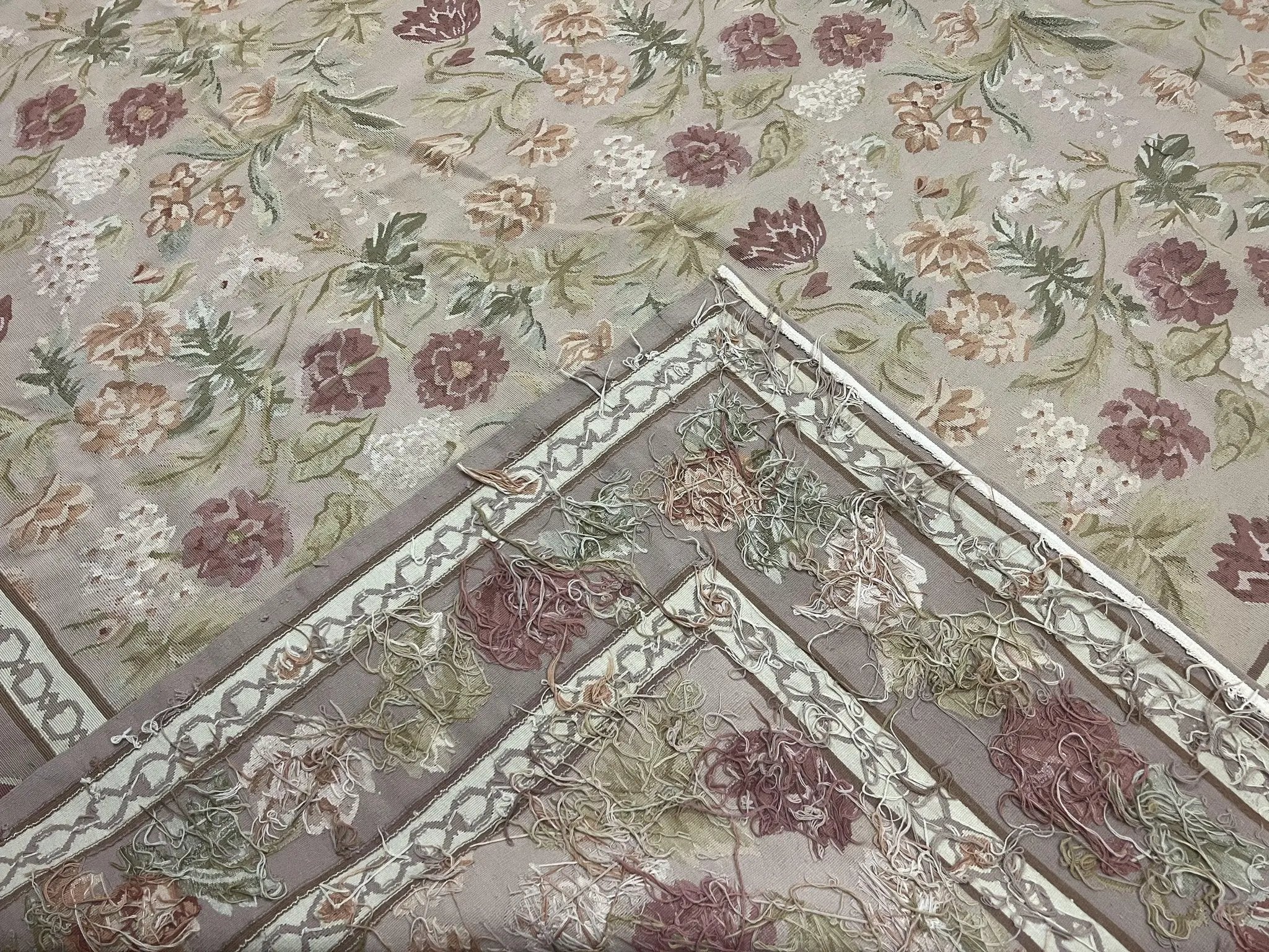 Aubusson Rug 9x12, Pink Beige Light Mauve, Handmade Allover Floral Roses, Wool Flatweave Carpet 9 x 12 ft, European French Design, Elegant by Jewel Rugs