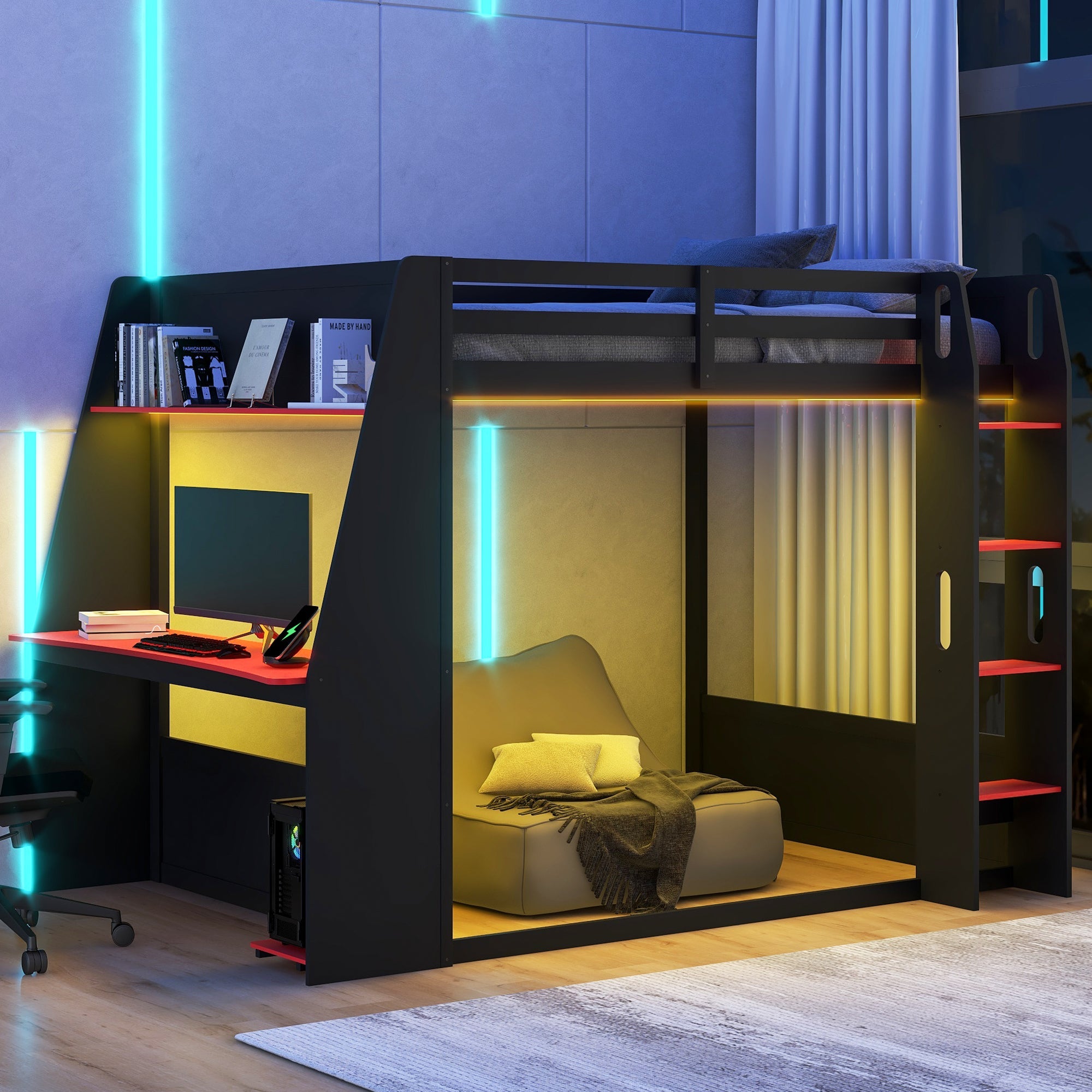 Full Size Wooden Gaming Bunk Bed with Desk, Two Storage Shelves, USB and LED Light by HouseOfZazla