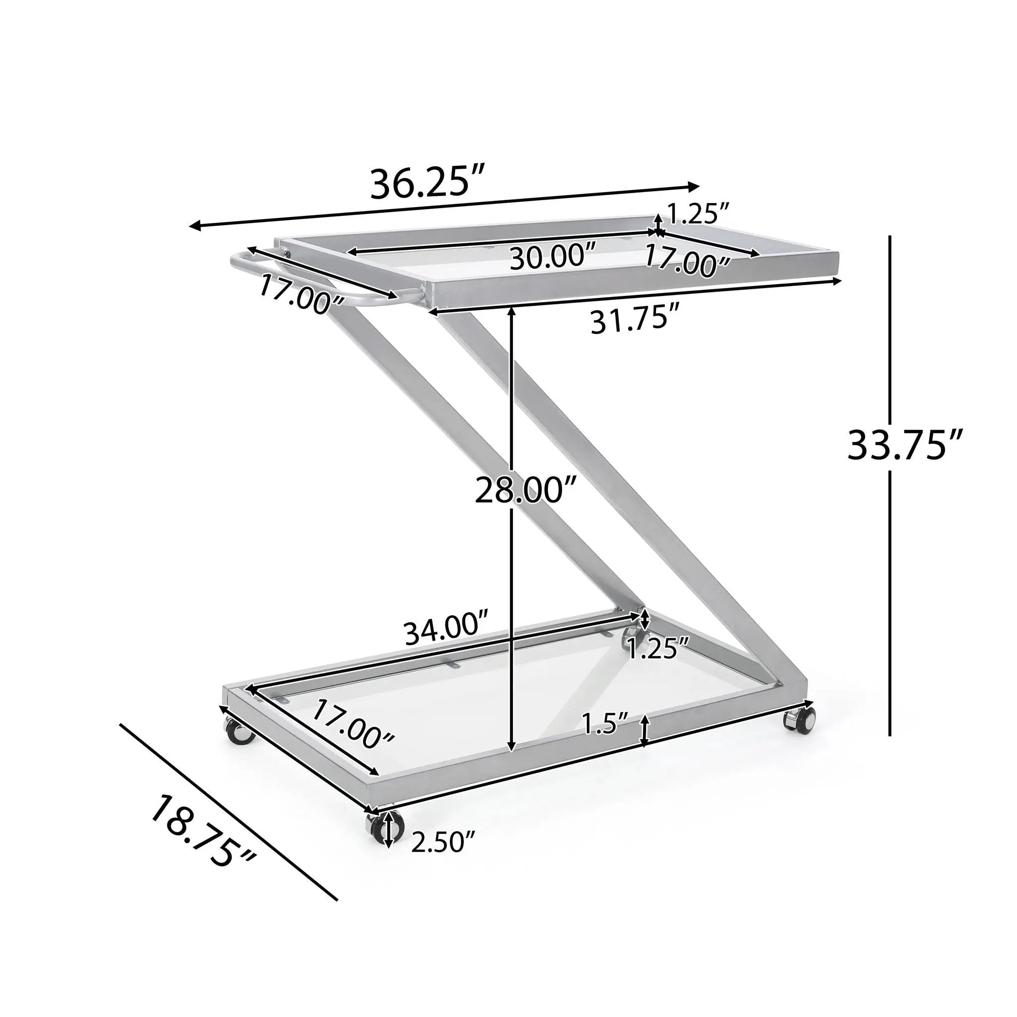 Modern Z Shaped Bar Cart With Tempered Glass Shelves - Silver by HouseOfZazla