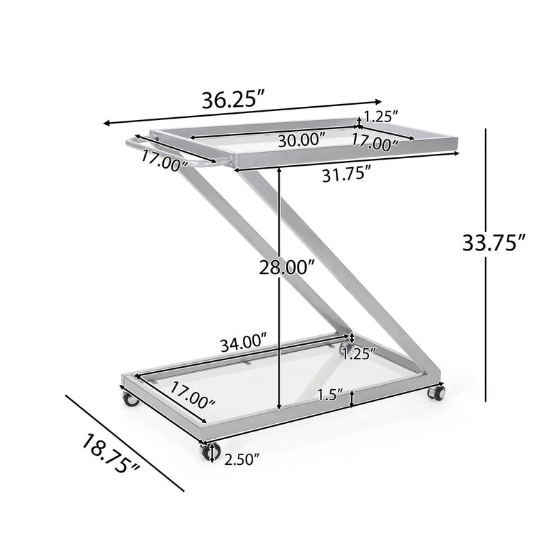 Modern Z Shaped Bar Cart With Tempered Glass Shelves - Silver by HouseOfZazla