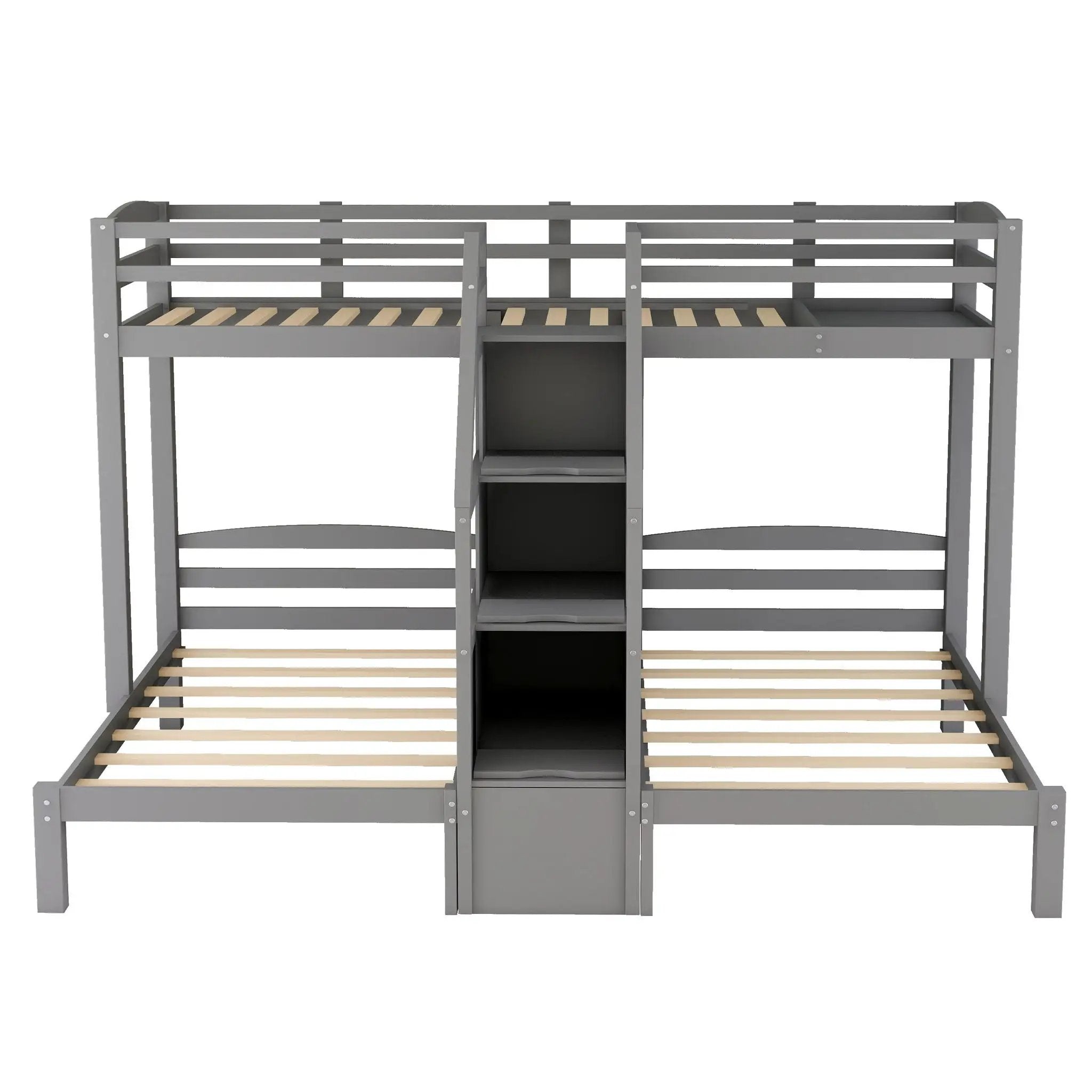 Twin Over Twin & Twin Bunk Bed With Built In Staircase And Storage Drawer - Gray by Unique Piece Furniture