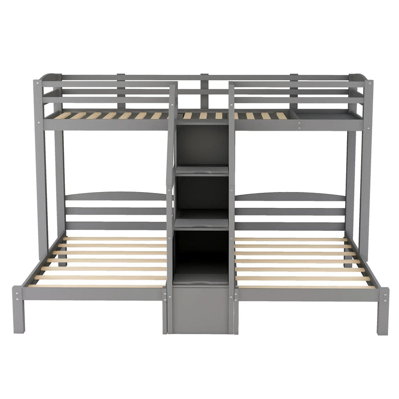 Twin Over Twin & Twin Bunk Bed With Built In Staircase And Storage Drawer - Gray by Unique Piece Furniture