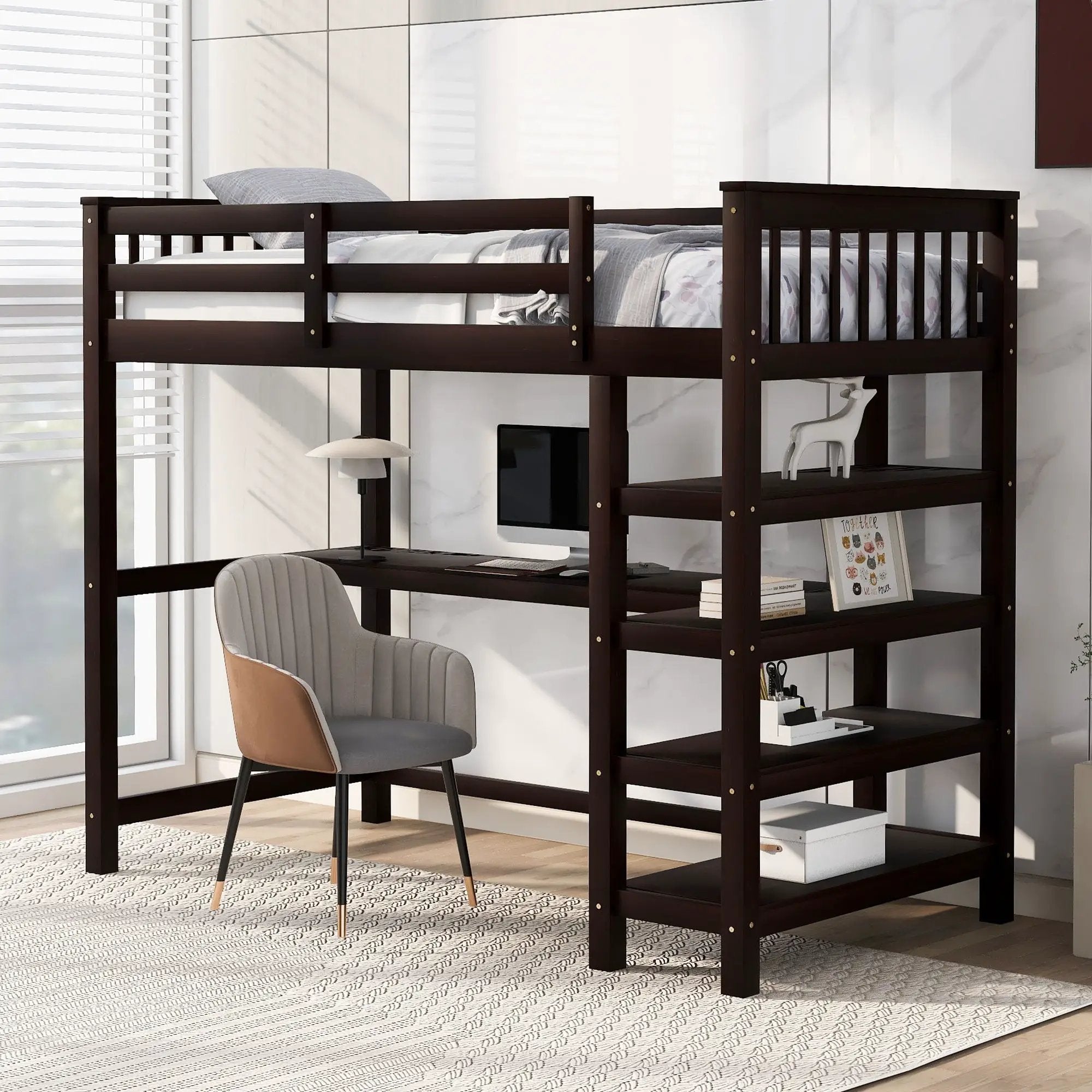 Loft Bed With Storage Shelves And Under Bed Desk