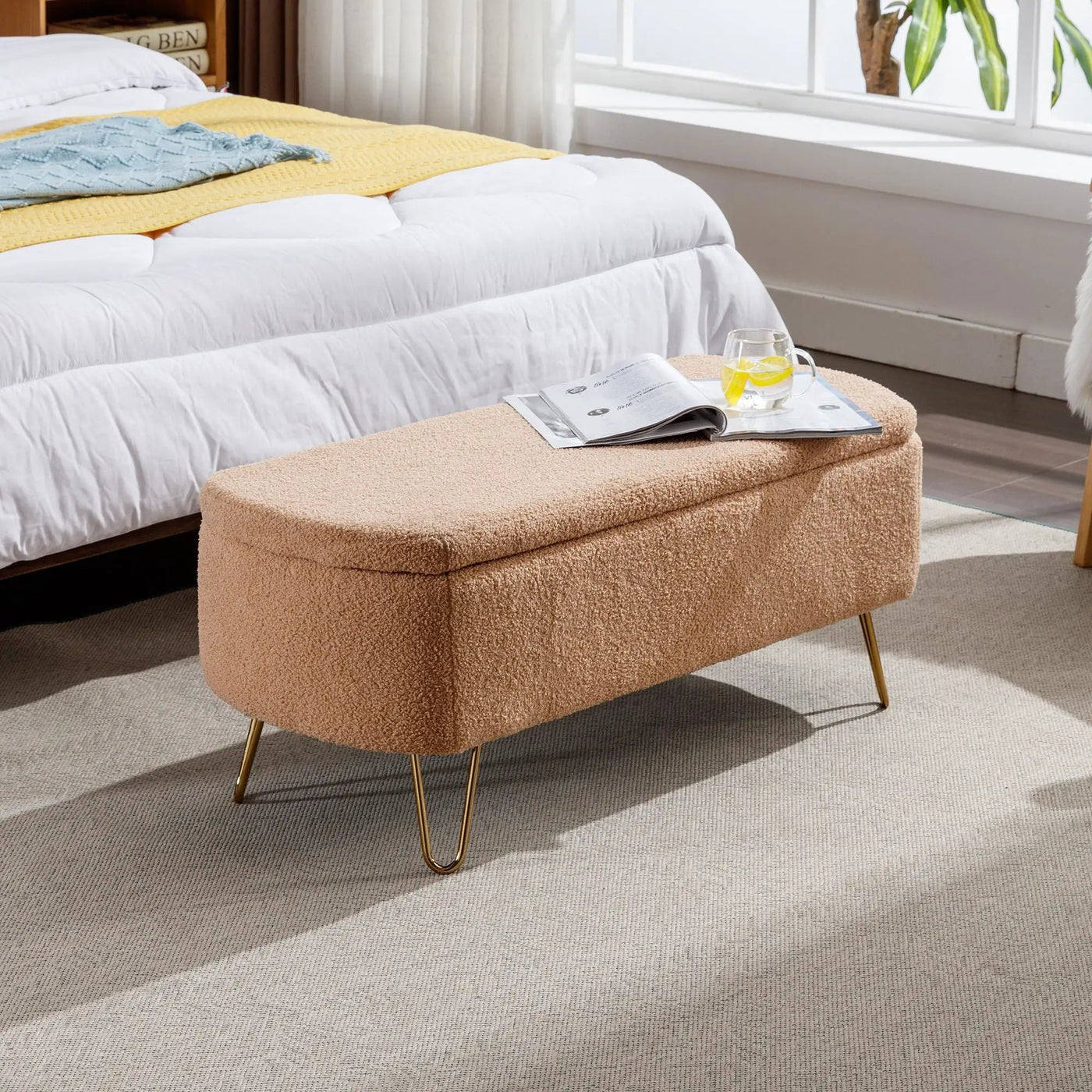 Storage Ottoman Bench For End Of Bed Legs, Modern Camel Faux Fur Entryway Bench Upholstered Padded With Storage For Living Room Bedroom by HouseOfZazla
