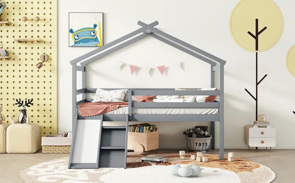 Low Loft House Bed With Slide, Ladder, Safety Guardrails, House Roof Frame by Unique Piece Furniture