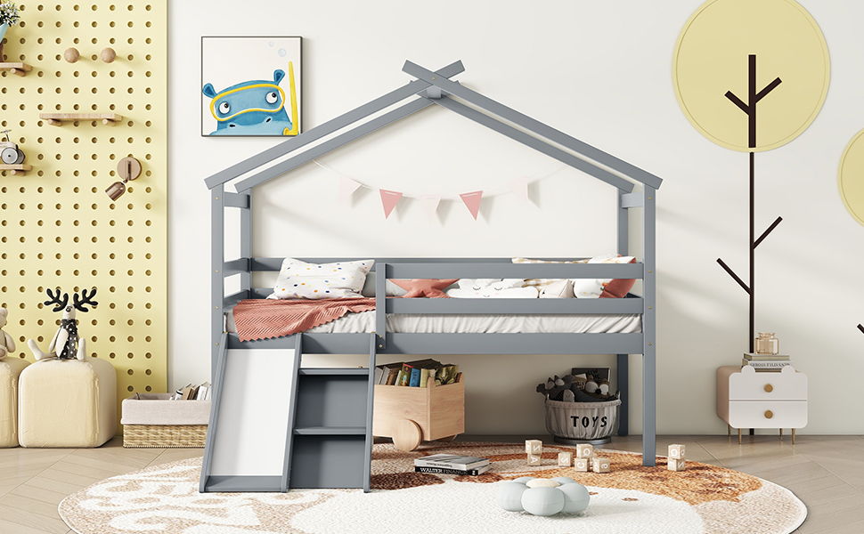 Low Loft House Bed With Slide, Ladder, Safety Guardrails, House Roof Frame by HouseOfZazla