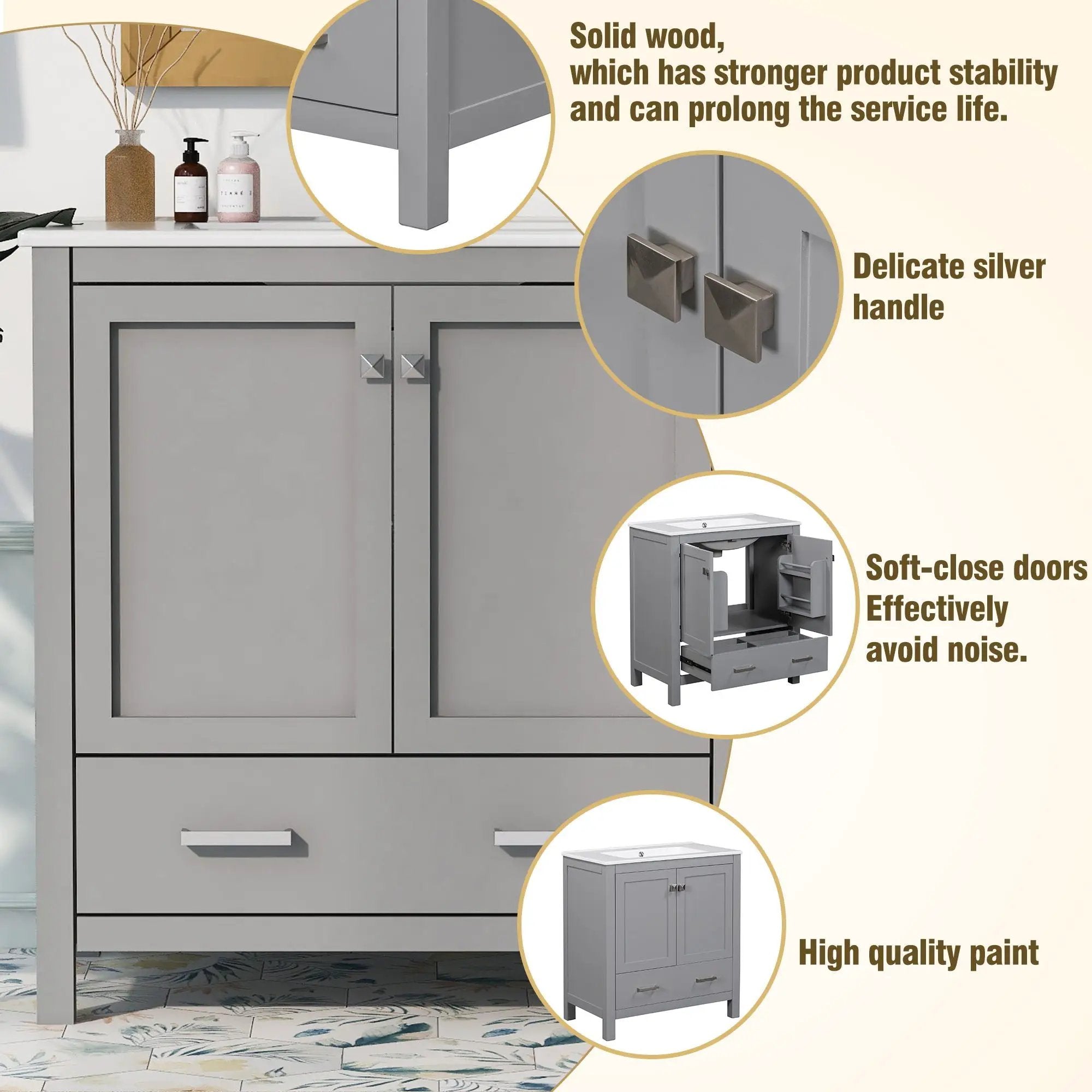 Bathroom Vanity With Single Sink, Combo Cabinet Undermount Sink, Bathroom Storage Cabinet With Two Doors And A Drawer, Soft Closing, Multifunctional Storage, Solid Wood Frame by Unique Piece Furniture