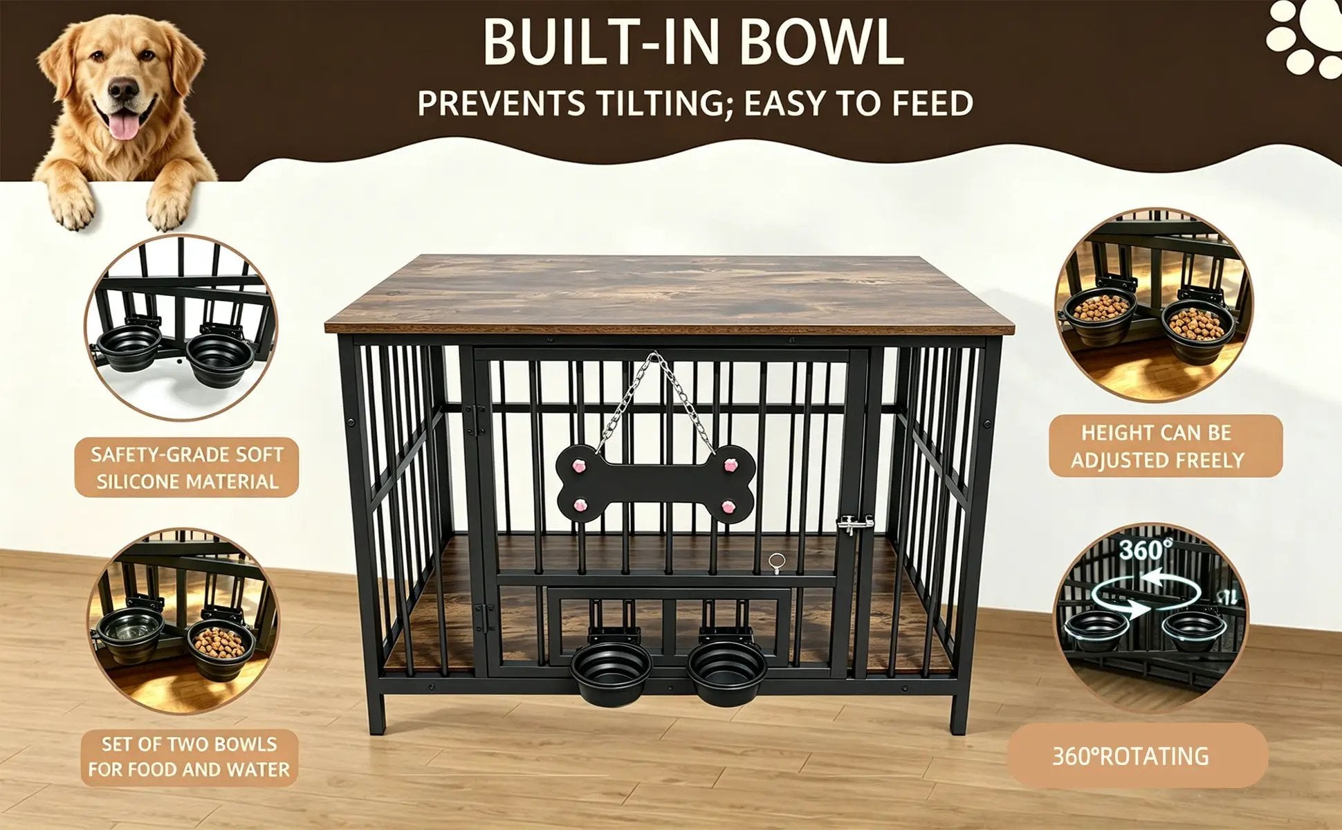 Vintage Wood Grain Dog Cage with Rotating Bowl by HouseOfZazla