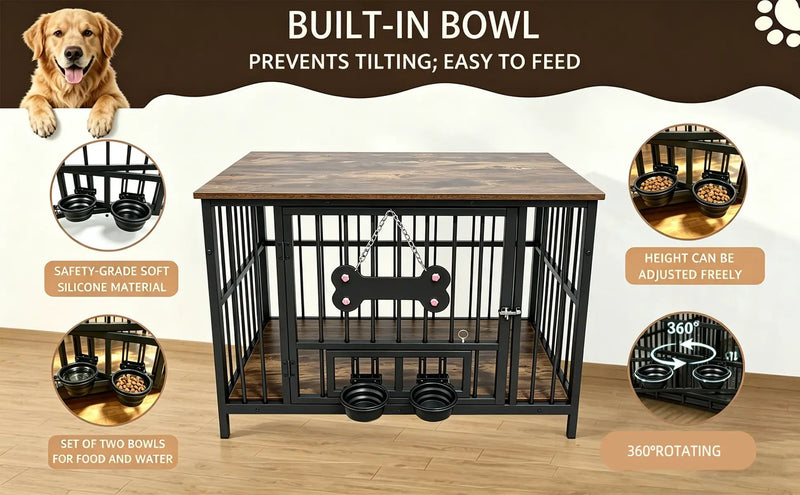 Vintage Wood Grain Dog Cage with Rotating Bowl by HouseOfZazla