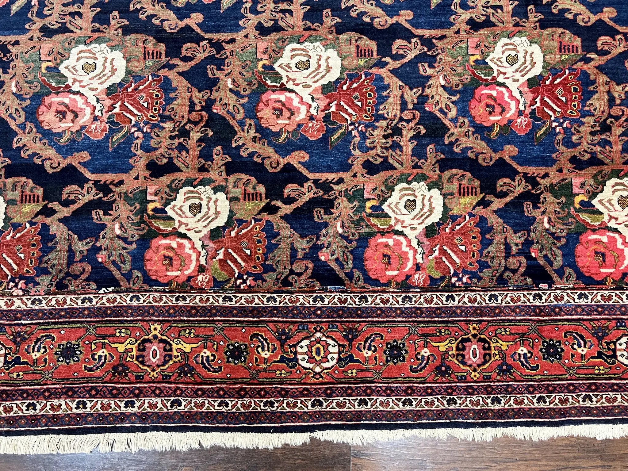 Persian Bidjar Rug 8x11, Floral Bouquets, Blue Black Red Pink, Handmade Hand Knotted Vintage Semi Antique Oriental Carpet by Jewel Rugs