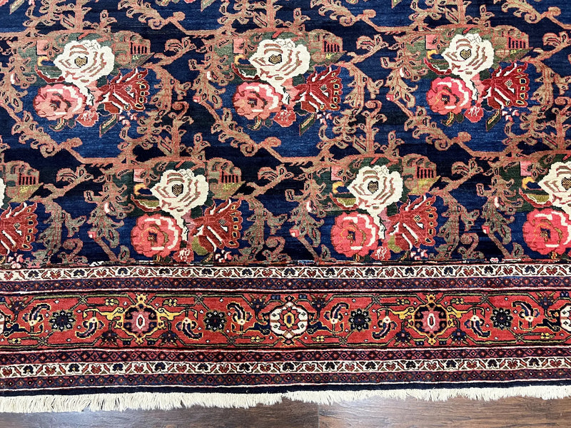 Persian Bidjar Rug 8x11, Floral Bouquets, Blue Black Red Pink, Handmade Hand Knotted Vintage Semi Antique Oriental Carpet by Jewel Rugs