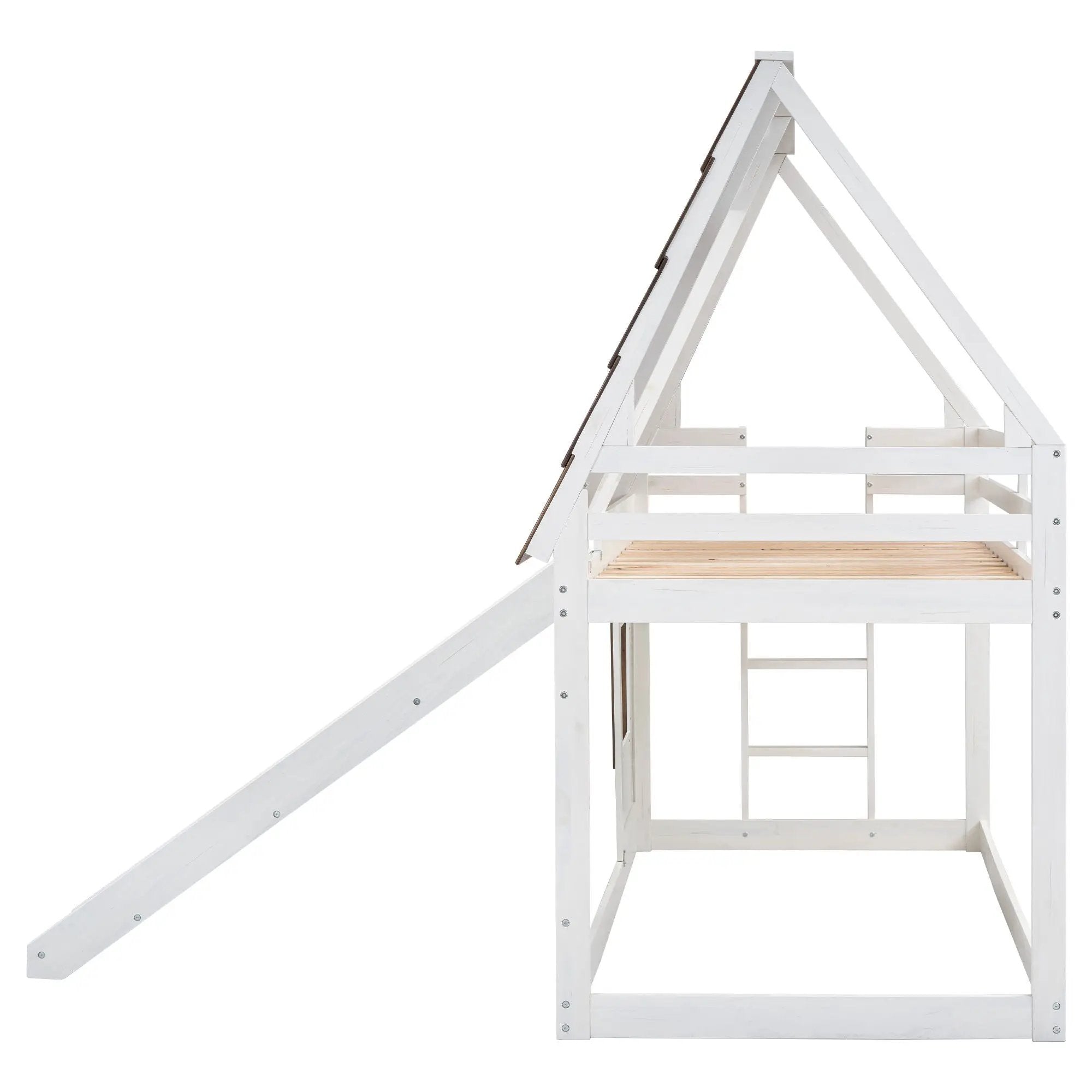 Wood Twin Size House Bunk Bed With Roof, Ladder And Slide - White / Brown by Unique Piece Furniture
