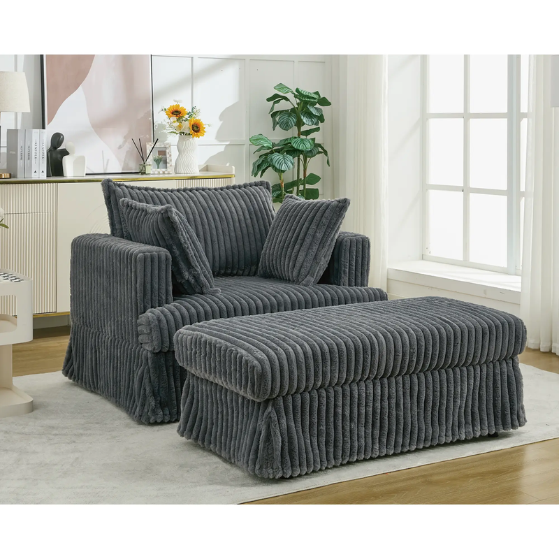 Oversized Corduroy Chaise Lounge with Ottoman in Dark Gray by HouseOfZazla