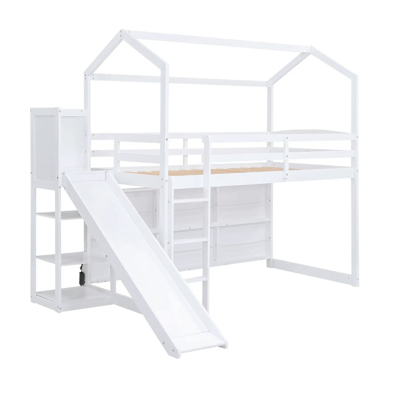 House Loft Bed With Slide, Storage Shelves And Light, Climbing Ramp by HouseOfZazla