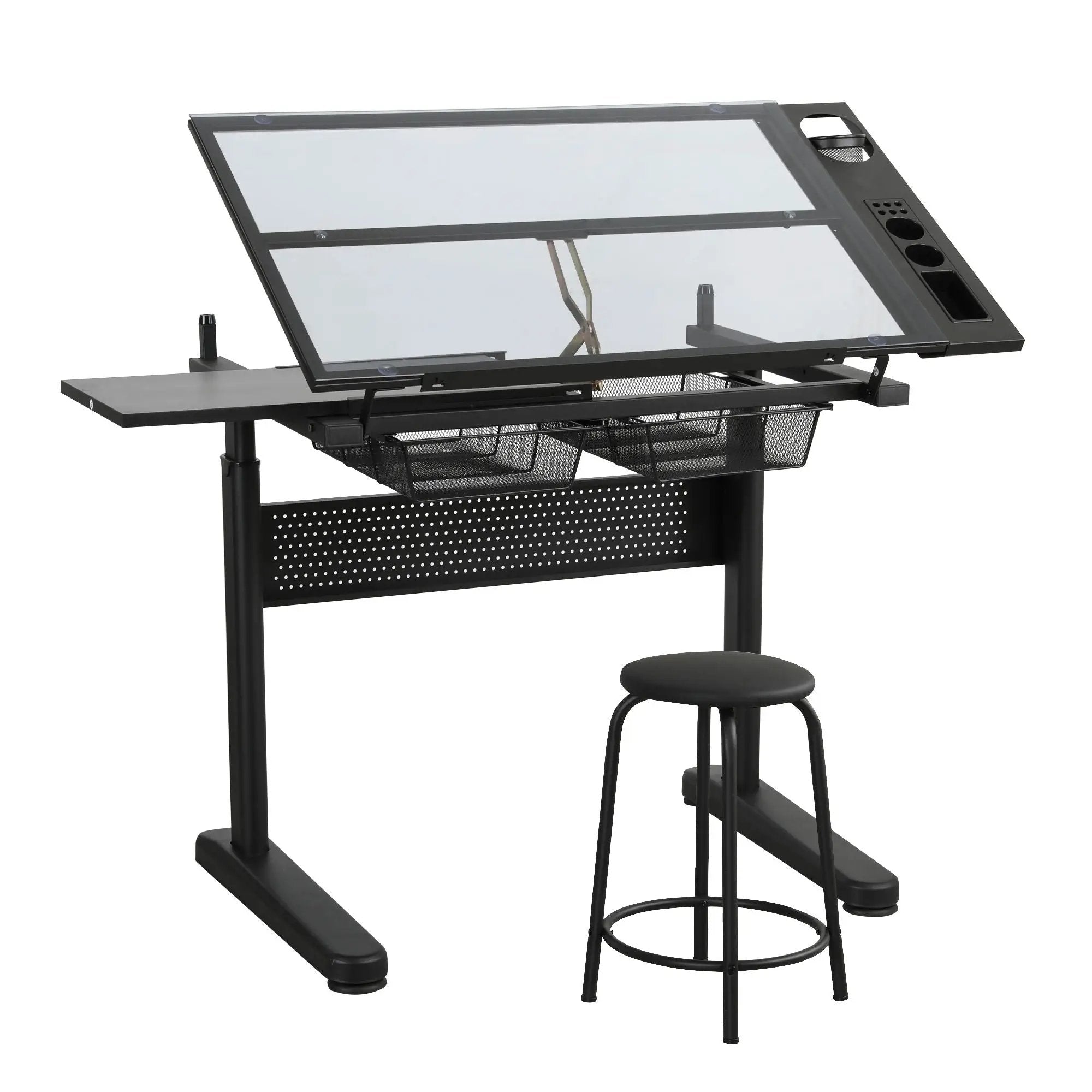 Hand Crank Adjustable Drafting Table Drawing Desk With 2 Metal Drawers With Stool by HouseOfZazla