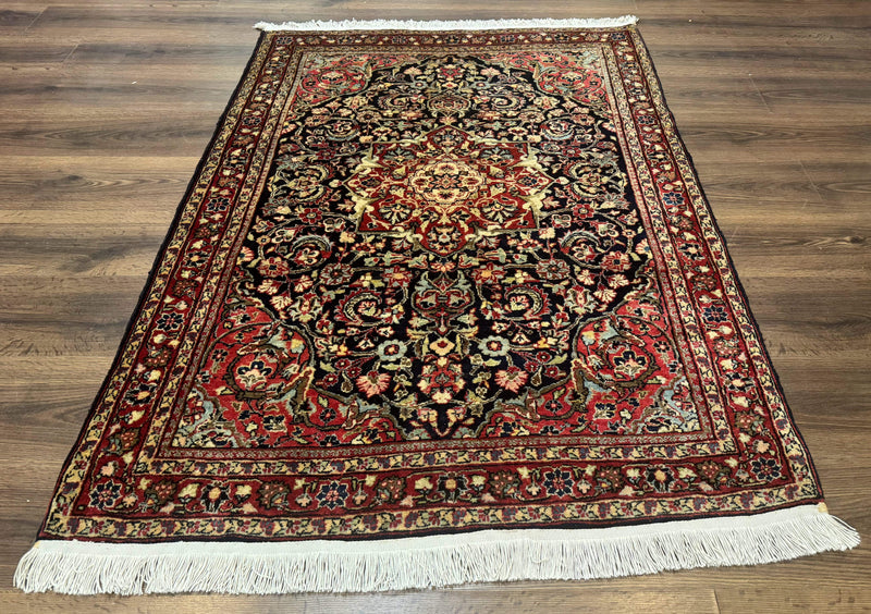 Antique Persian Sarouk Rug 4x5, Dark Blue and Red, Floral Medallion, Fine by Jewel Rugs