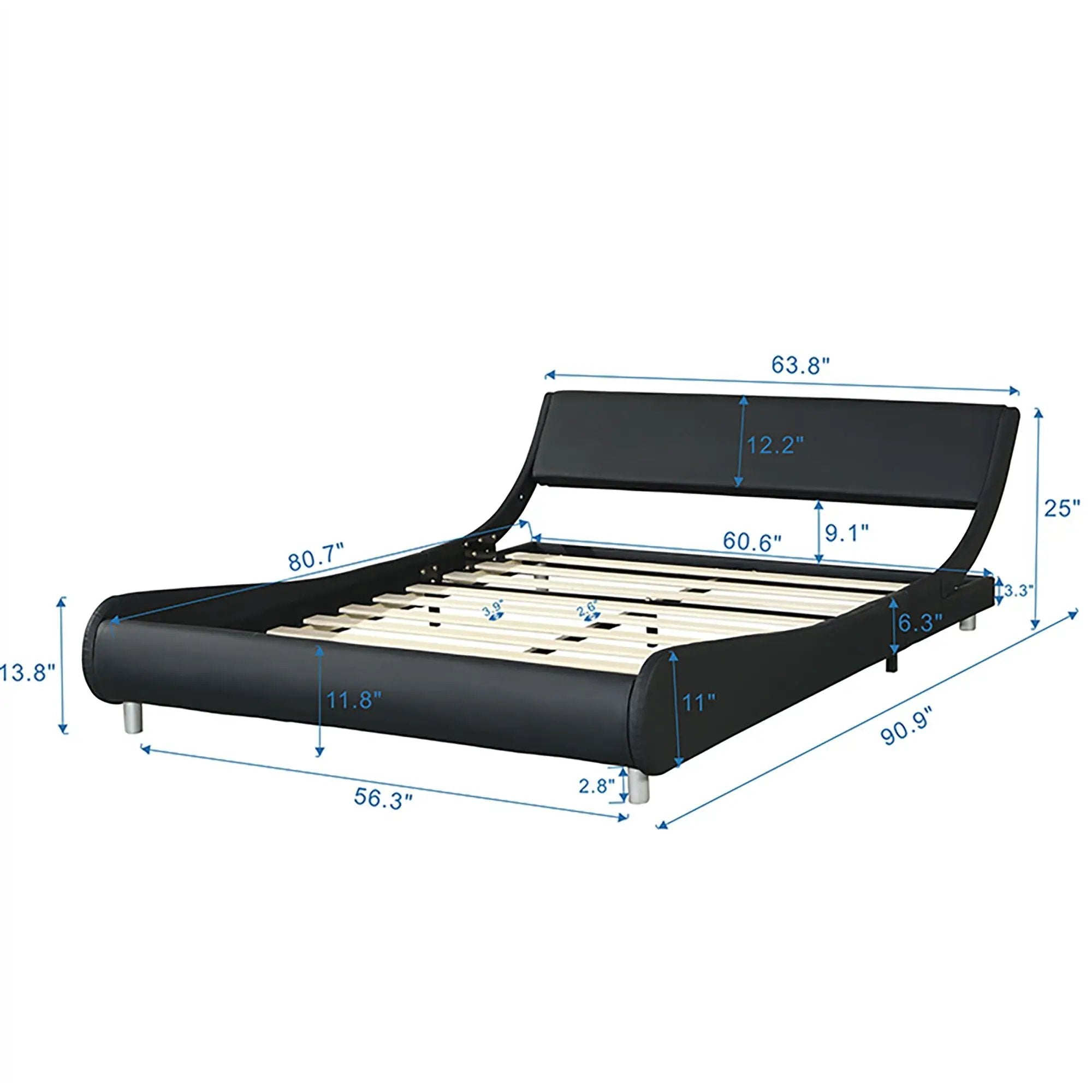 Queen Size Upholstered Platform Bed Frame With LED Lighting, Curve Design, Slat Support, No Box Spring Needed - Black by Unique Piece Furniture