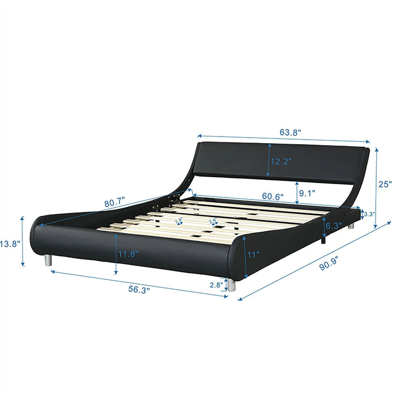Queen Size Upholstered Platform Bed Frame With LED Lighting, Curve Design, Slat Support, No Box Spring Needed - Black by Unique Piece Furniture