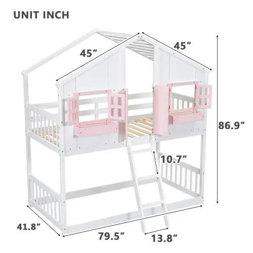 House Bunk Bed With Roof, Window, Window Box, Door, With Safety Guardrails And Ladder by HouseOfZazla
