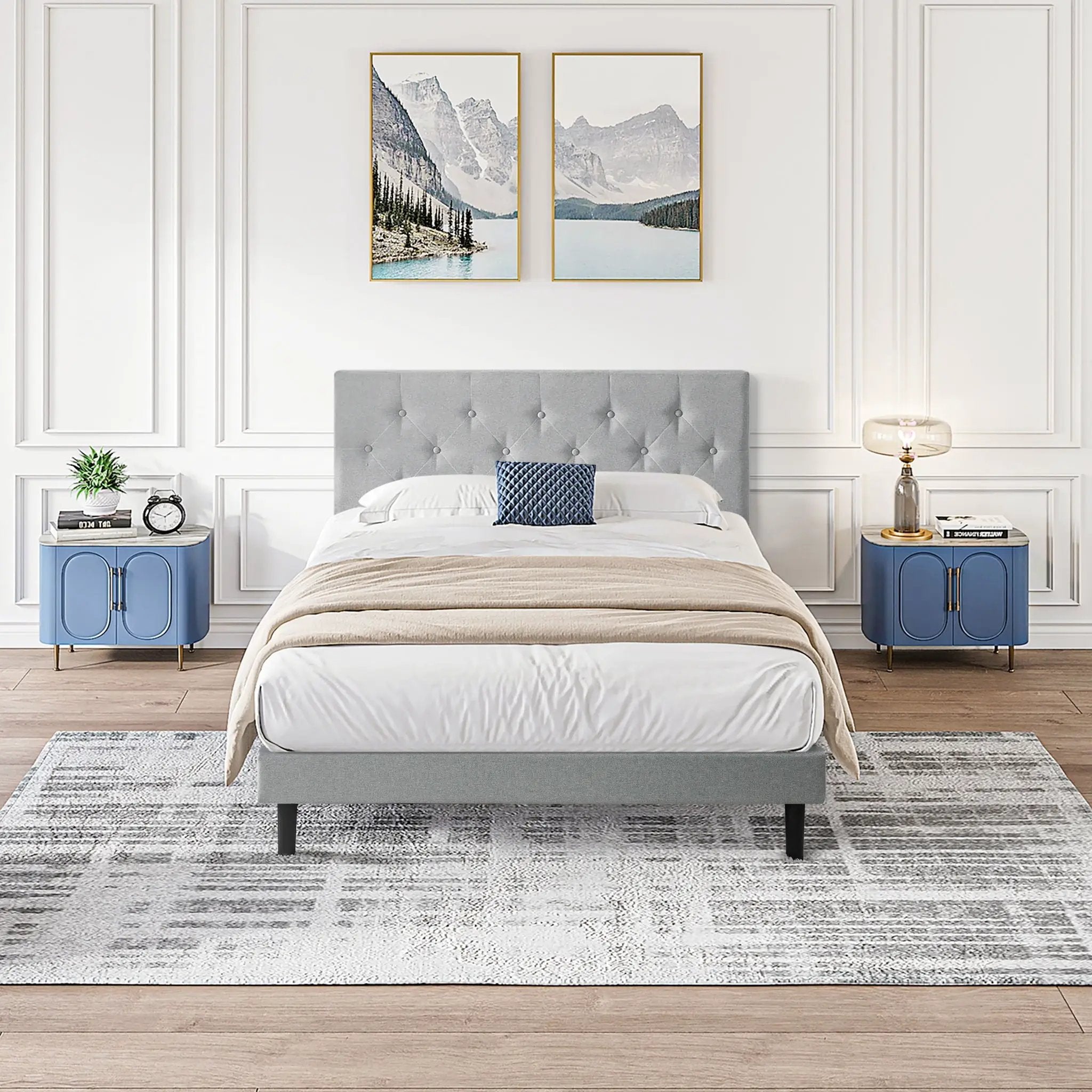 Modern Upholstered Platform Bed Frame With Button Tufted Fabric Headboard by Unique Piece Furniture