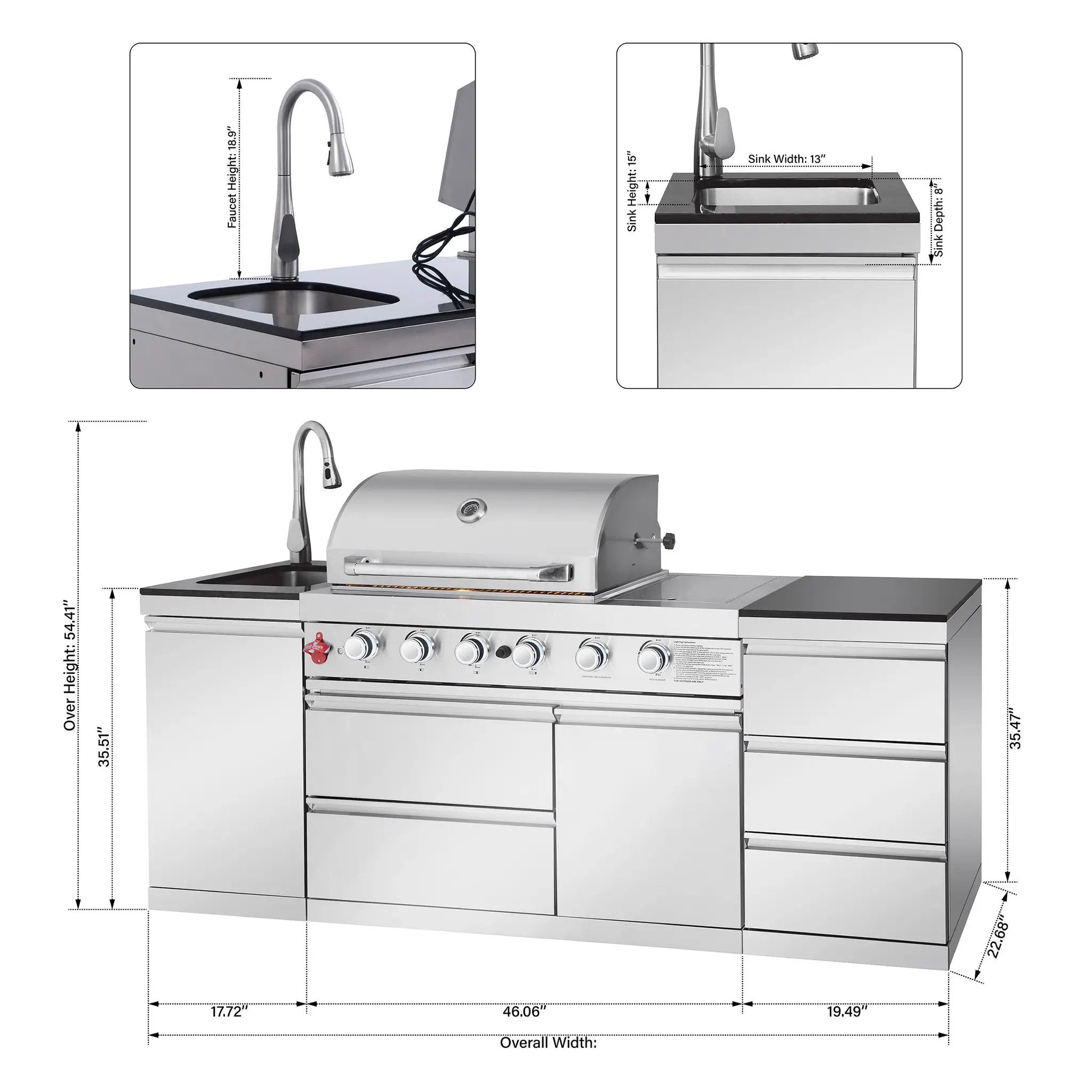 83.3" 4+1 Burner 71,500 BTU Silver Outdoor Kitchen Island Grill with Sink by Chery Industrial