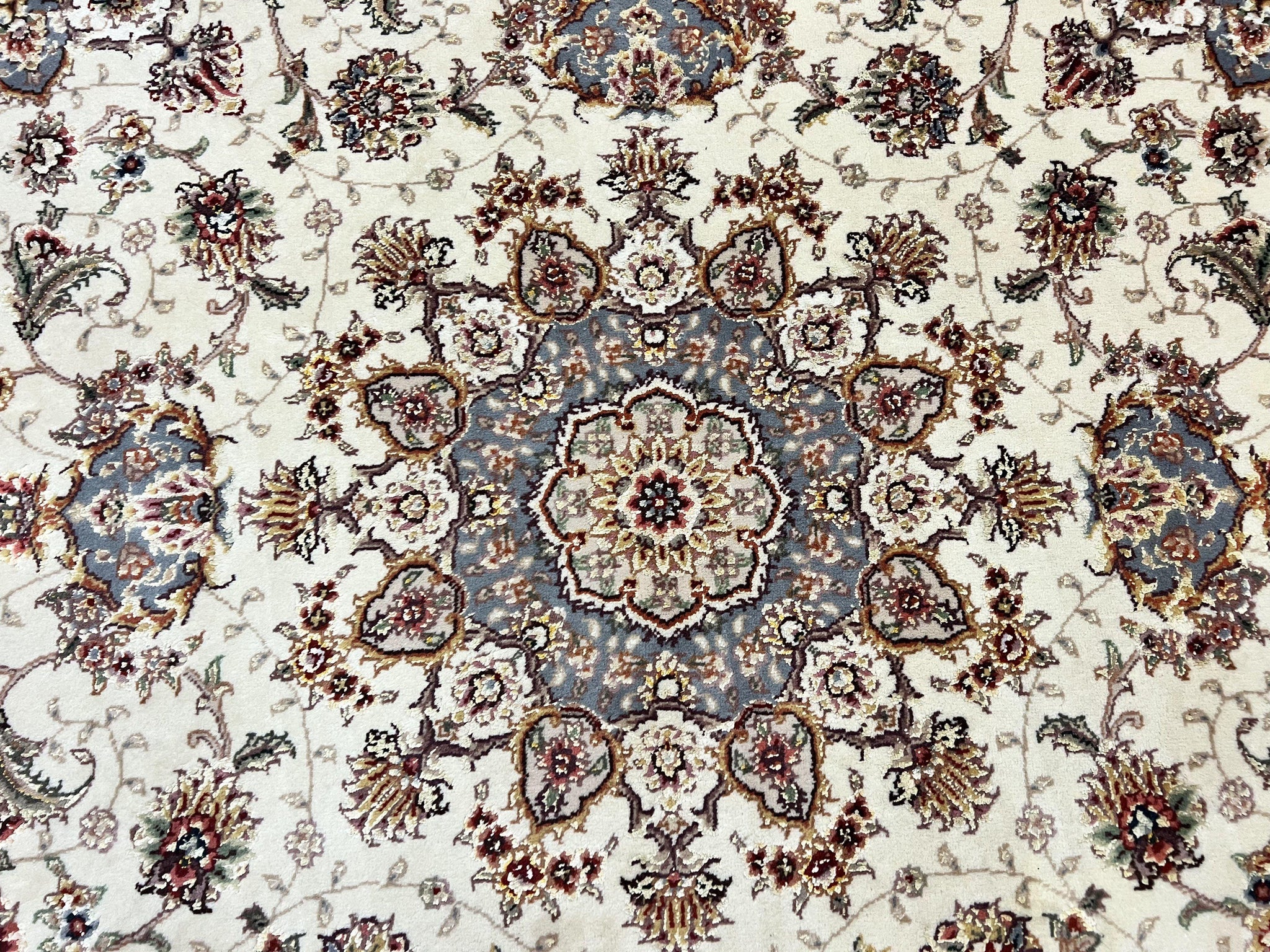 Sino Persian Square Rug 5x5, Very Fine Oriental Carpet, Wool & Silk Highlights, Ivory, Hand Knotted Handmade Vintage Traditional Rug by Jewel Rugs