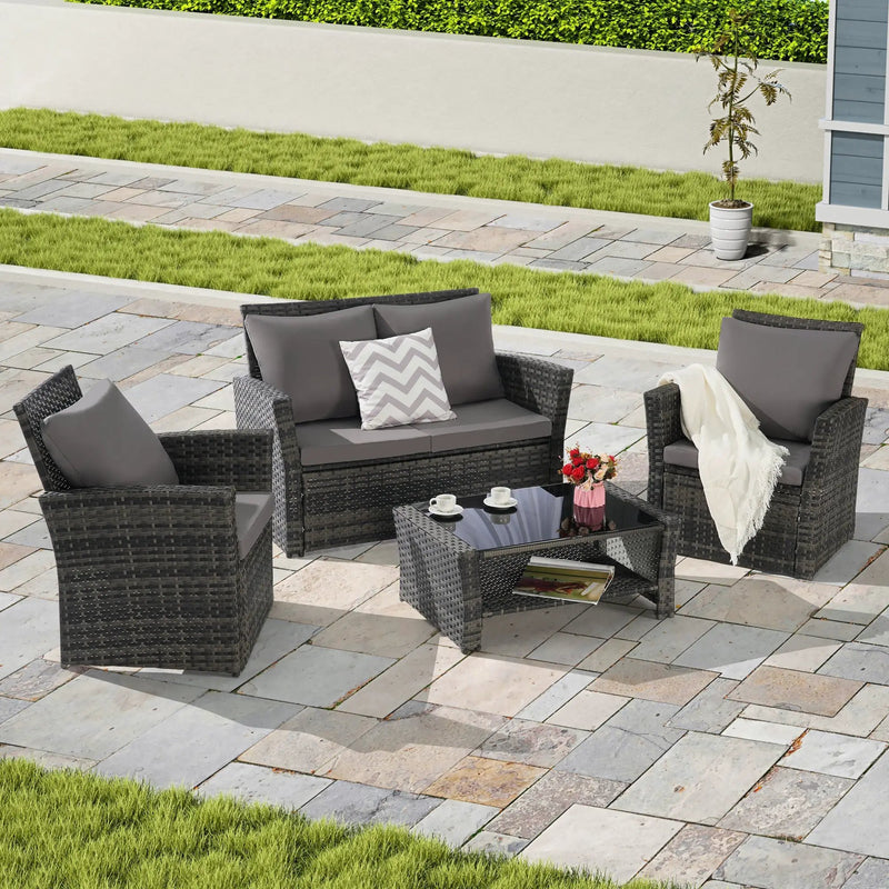 4 Pieces Outdoor Patio Furniture Sets Garden Rattan Chair Wicker Set by HouseOfZazla