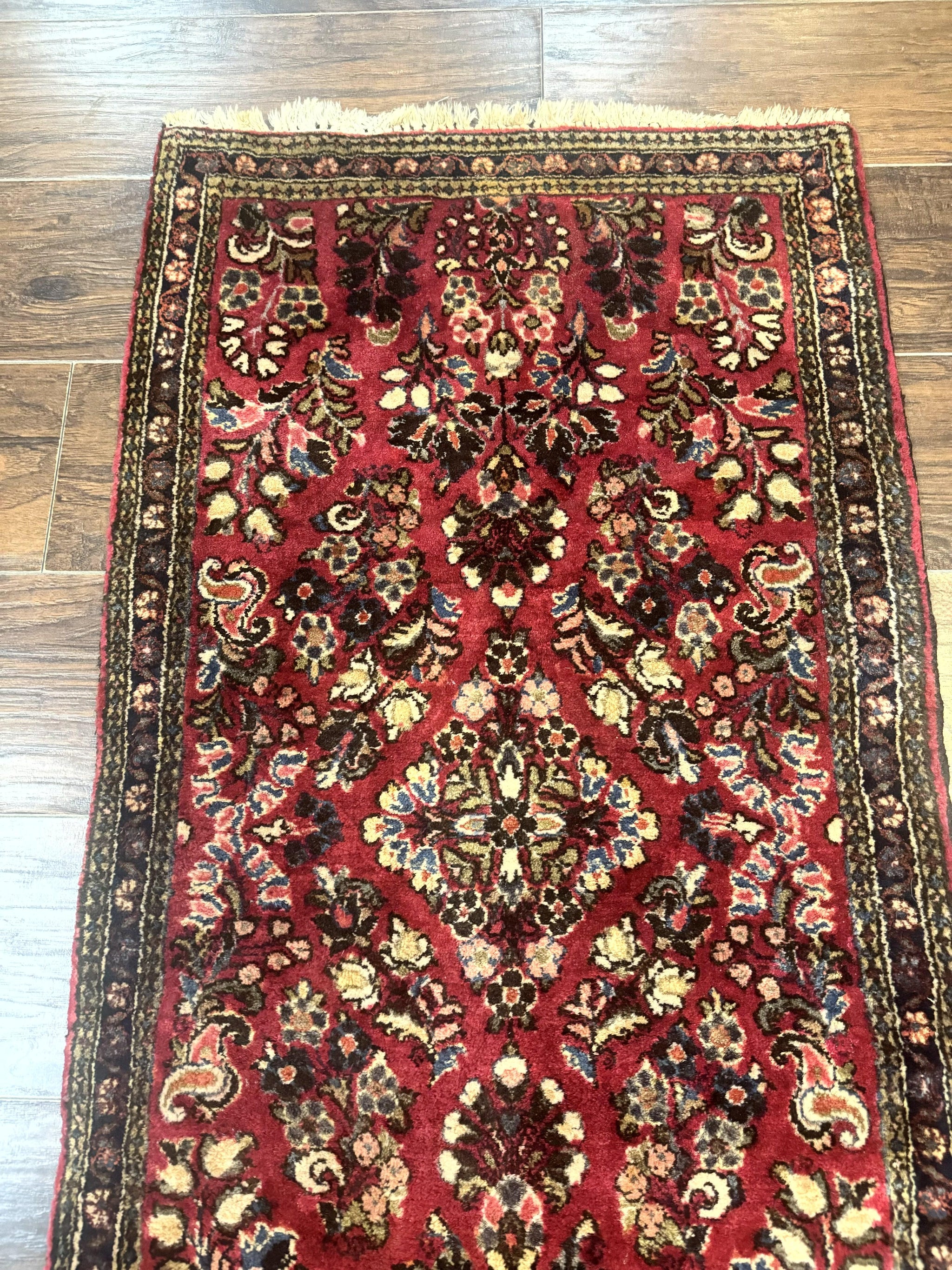 Small Persian Sarouk Rug 2x4, Floral, Red Hand Knotted Wool Traditional Oriental Carpet, Antique Persian Rug 2 x 4 by Jewel Rugs