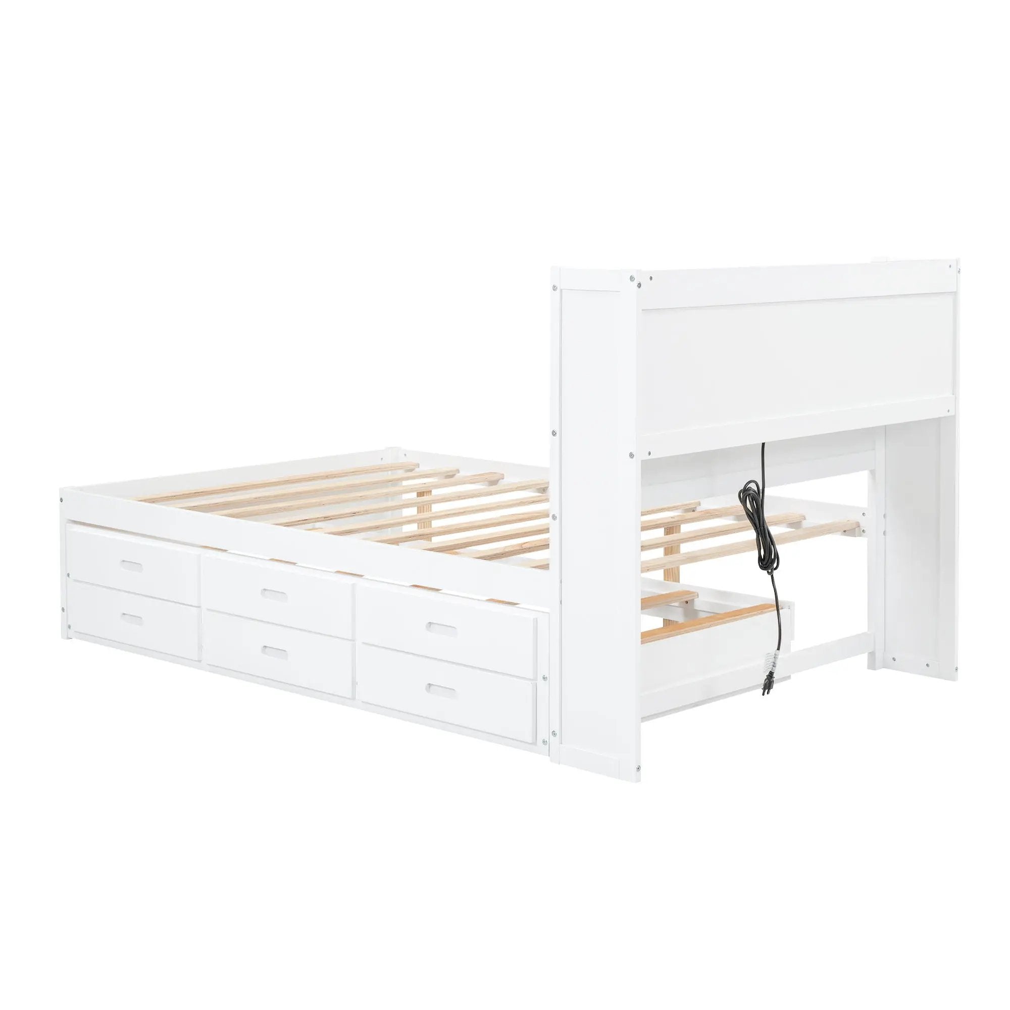 Full Size Platform Bed With Trundle, Drawers, USB Ports And Built In Shelves - White by HouseOfZazla
