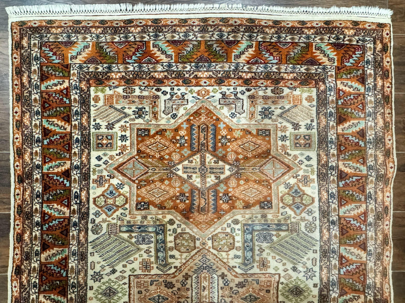 Turkish Kazak Rug 4x6, Geometric Medallions, Vintage Handmade Wool Carpet by Jewel Rugs