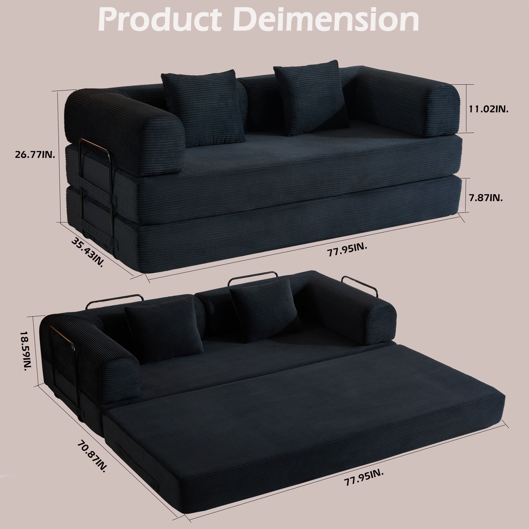 Convertible Sleeper Sofa Bed With Cylindrical Pillow, With Fixed Shape Frame by Unique Piece Furniture