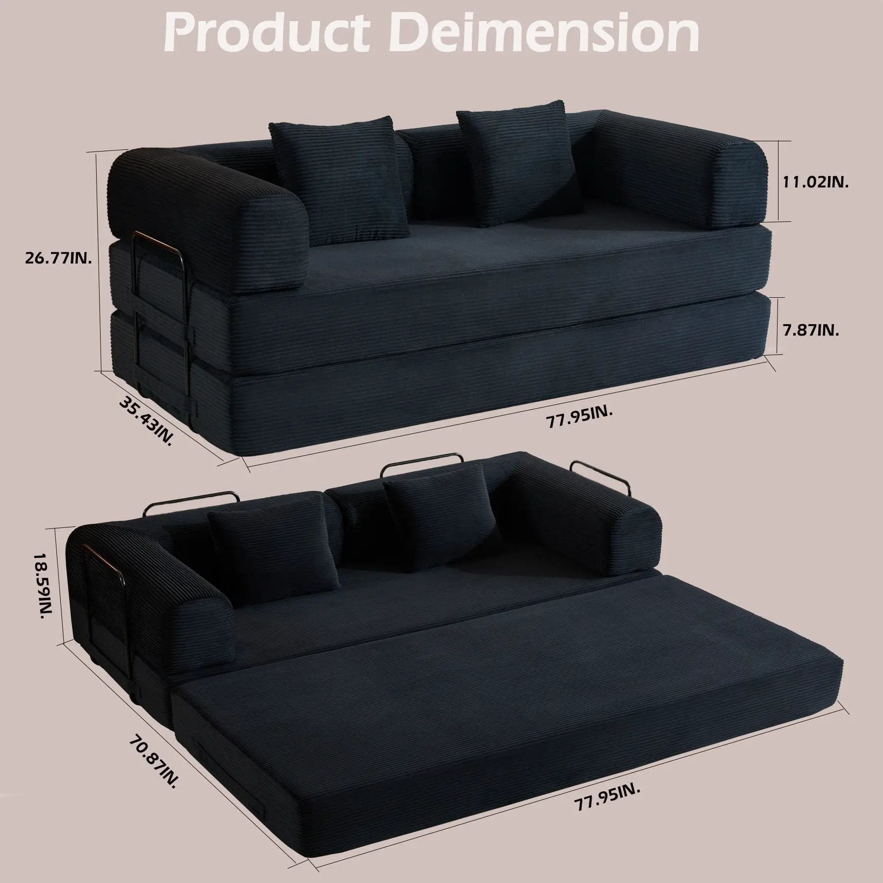 Convertible Sleeper Sofa Bed With Cylindrical Pillow, With Fixed Shape Frame by HouseOfZazla