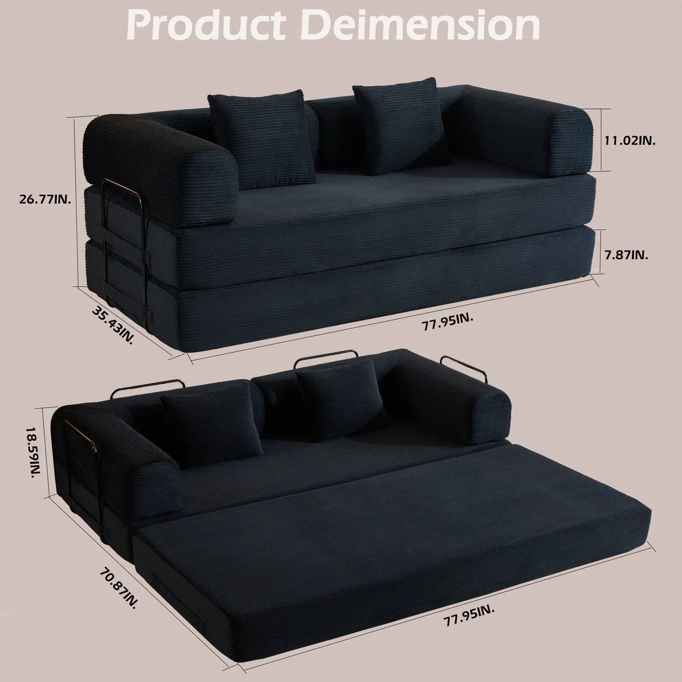 Convertible Sleeper Sofa Bed With Cylindrical Pillow, With Fixed Shape Frame by Unique Piece Furniture