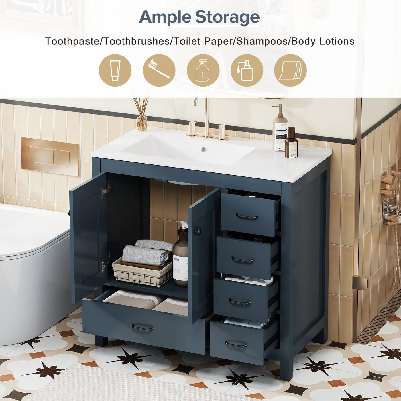 Bathroom Vanity With Ceramic Sink Combo, Abundant Storage Cabinet 2 Soft Close Doors And 5 Drawers by Unique Piece Furniture