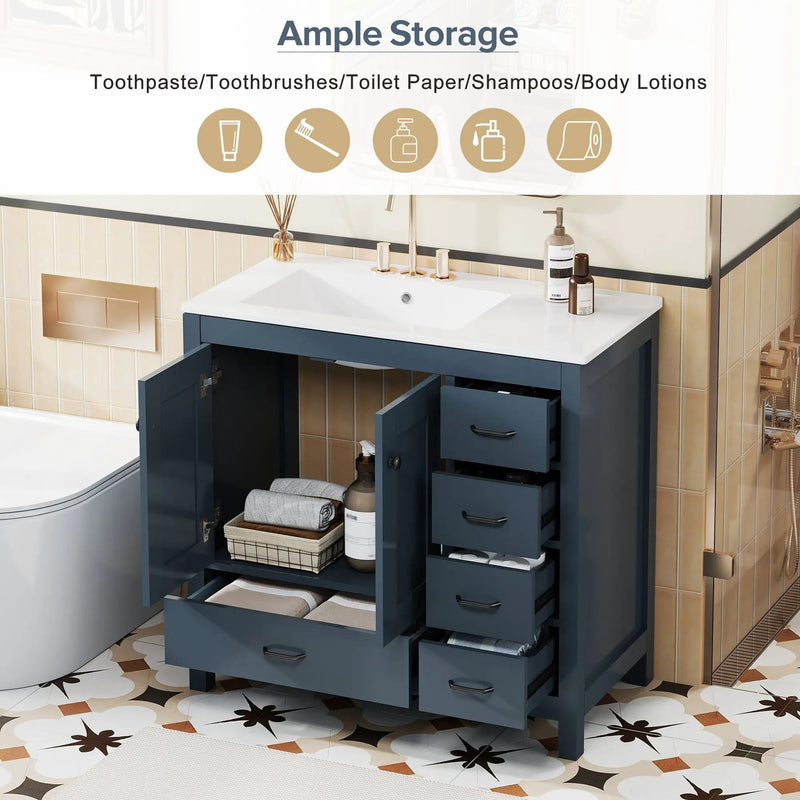 Bathroom Vanity With Ceramic Sink Combo, Abundant Storage Cabinet 2 Soft Close Doors And 5 Drawers by HouseOfZazla