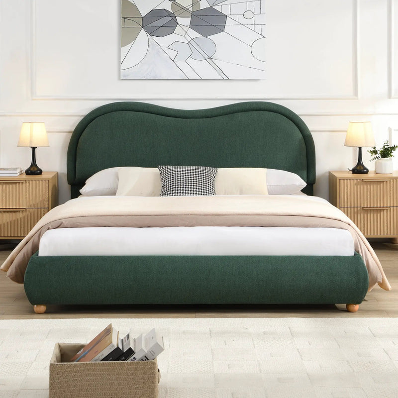 Queen Size Upholstered Platform Bed Frame with Rounded Corners Curved Headboard by HouseOfZazla