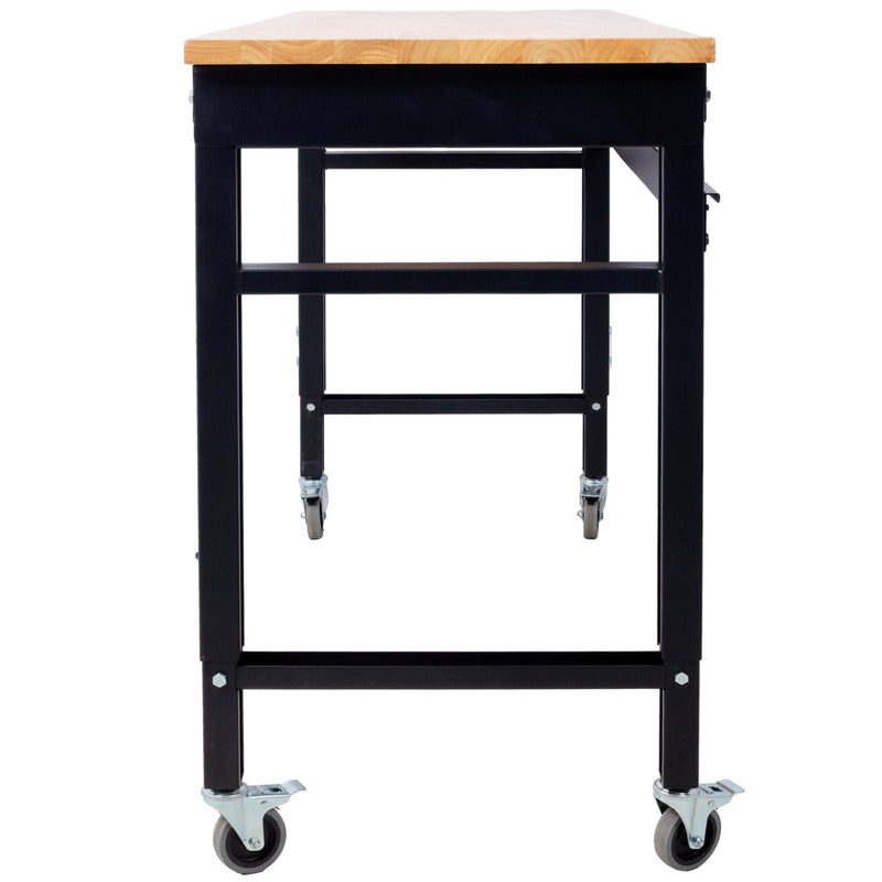 Wide Rolling Workbench For Garage, Adjustable Height, Workshop Tool Bench, Metal With Rubber Wood Top by HouseOfZazla