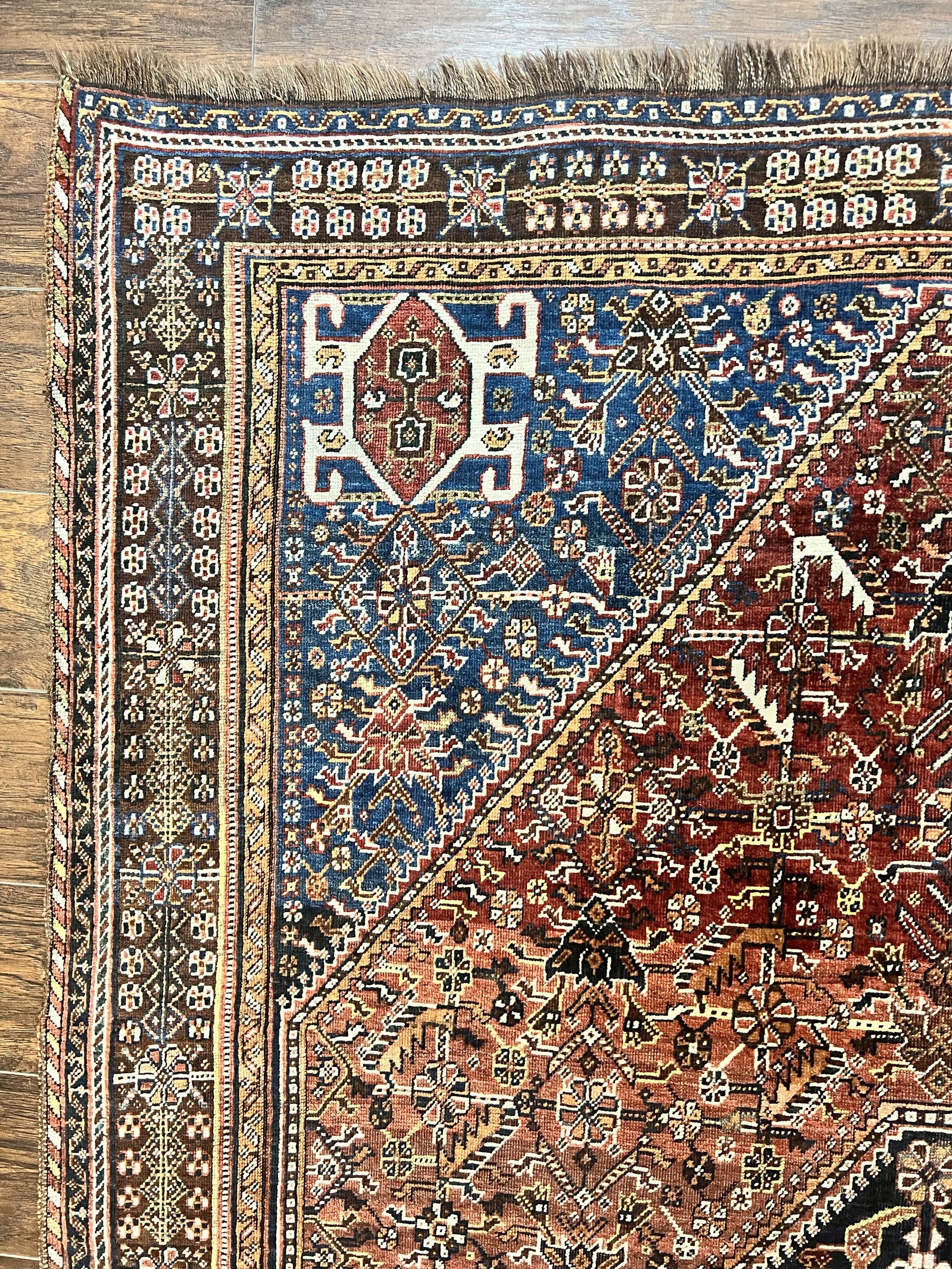 Antique Persian Shiraz Tribal Rug 6x8, Geometric Rug, Wool Handmade Hand Knotted Carpet, Red Blue by Jewel Rugs