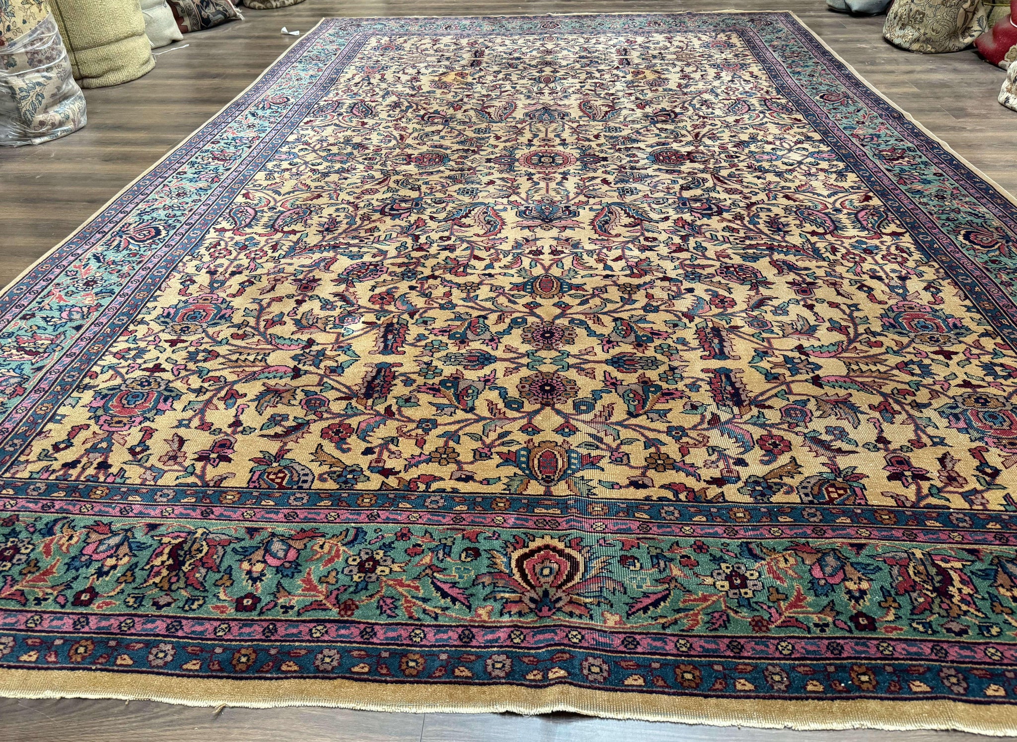 Antique Persian Rug 10x15, Camel and Cyan, Allover Pattern, Rare, Samarkand Rug by Jewel Rugs