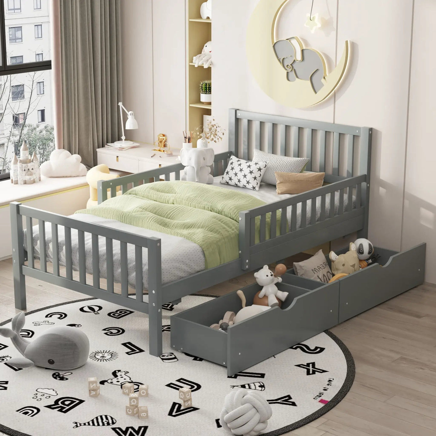 Platform Bed With Guardrails On Both Sides And 2 Storage Drawers by HouseOfZazla