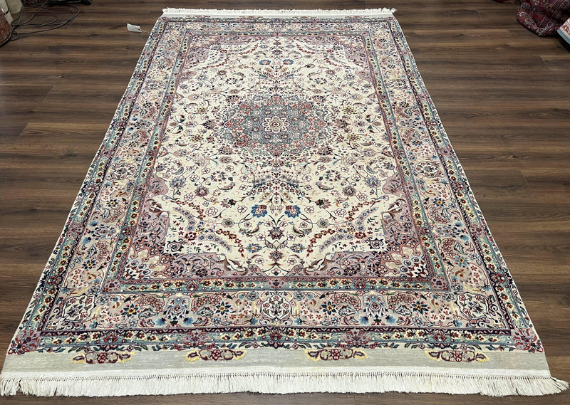 Beautiful Pak Persian Rug 6x9, Floral Medallion, Wool and Silk, Highly Detailed Elegant Carpet, Vintage Oriental Rug 6 x 9, Cream and Gray by Jewel Rugs