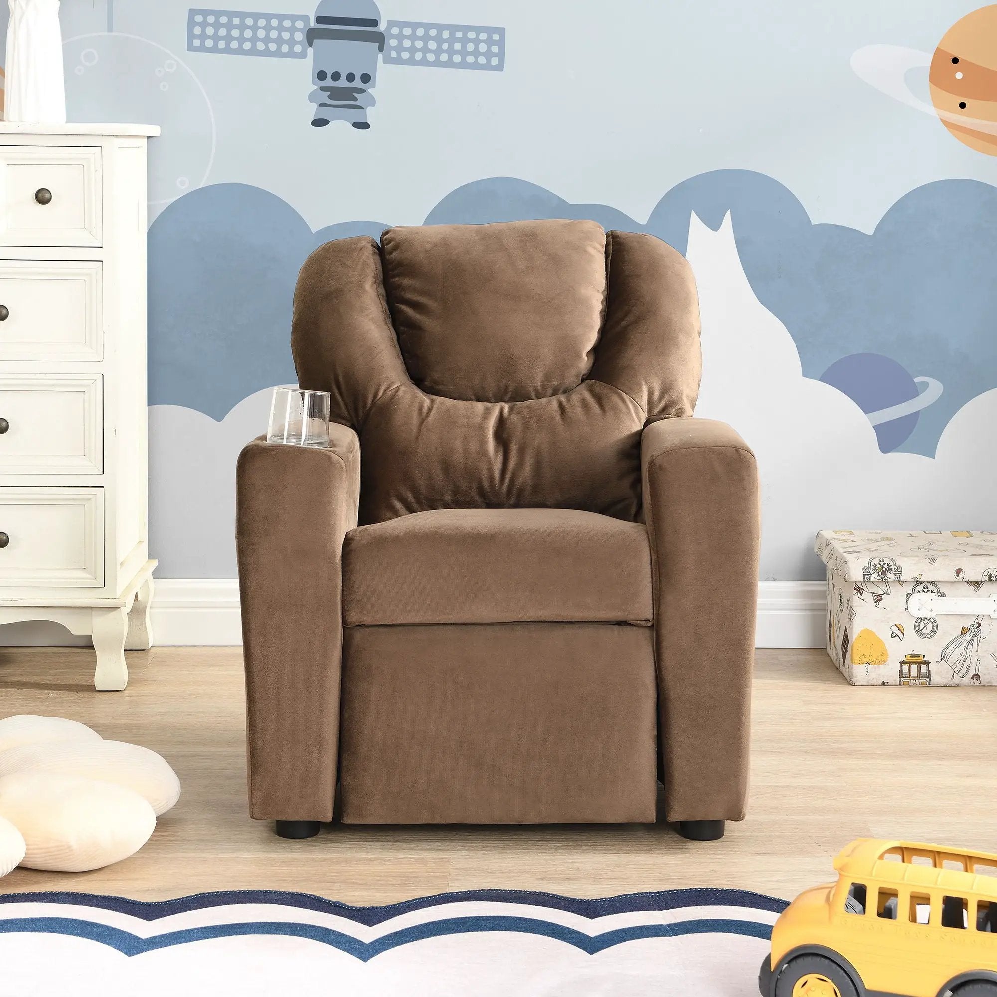 Kids Recliner Chair, Kids Upholstered Couch With One Cup Holder, Toddlers Recliner With Headrest And Footrest - Brown by Unique Piece Furniture