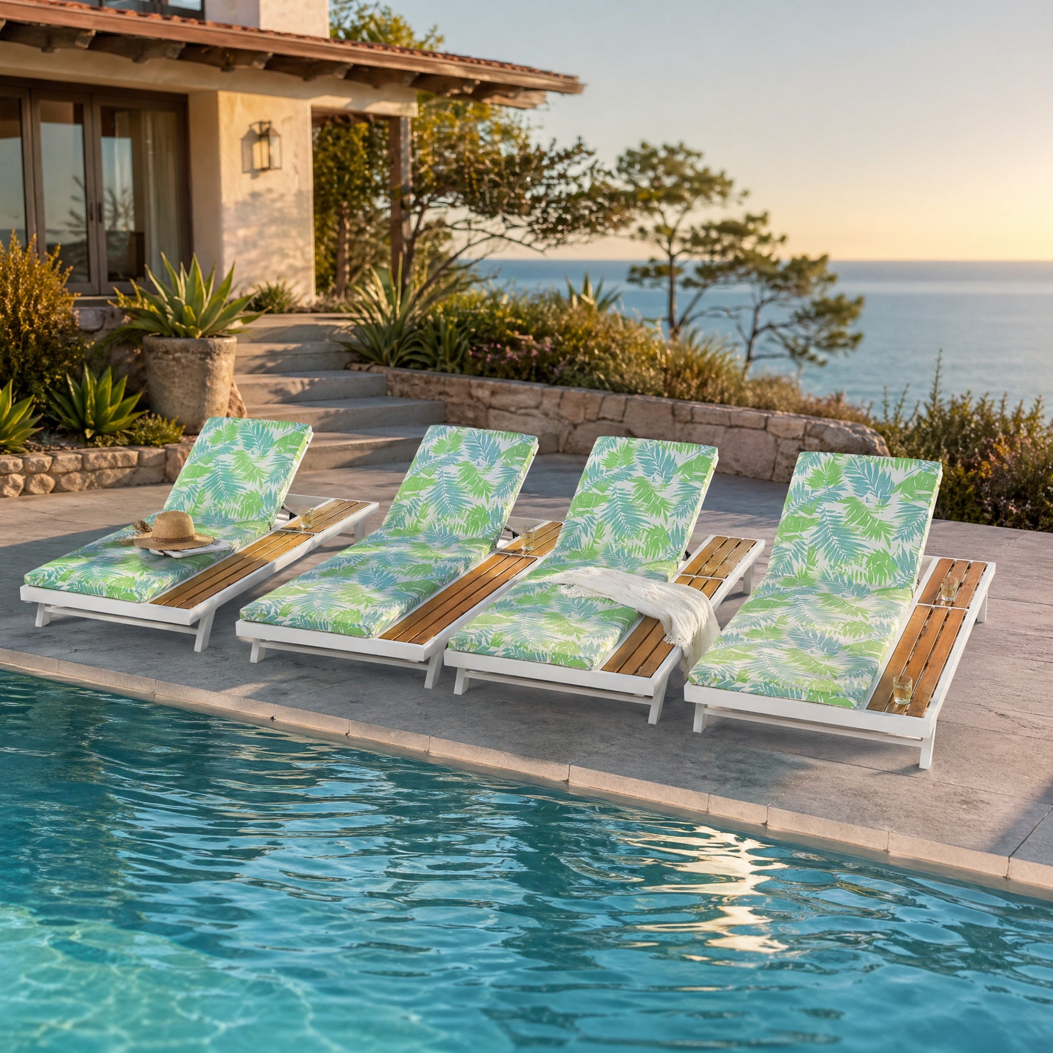 White Iron and Teak Finish Outdoor Chaise Lounge Set by HouseOfZazla